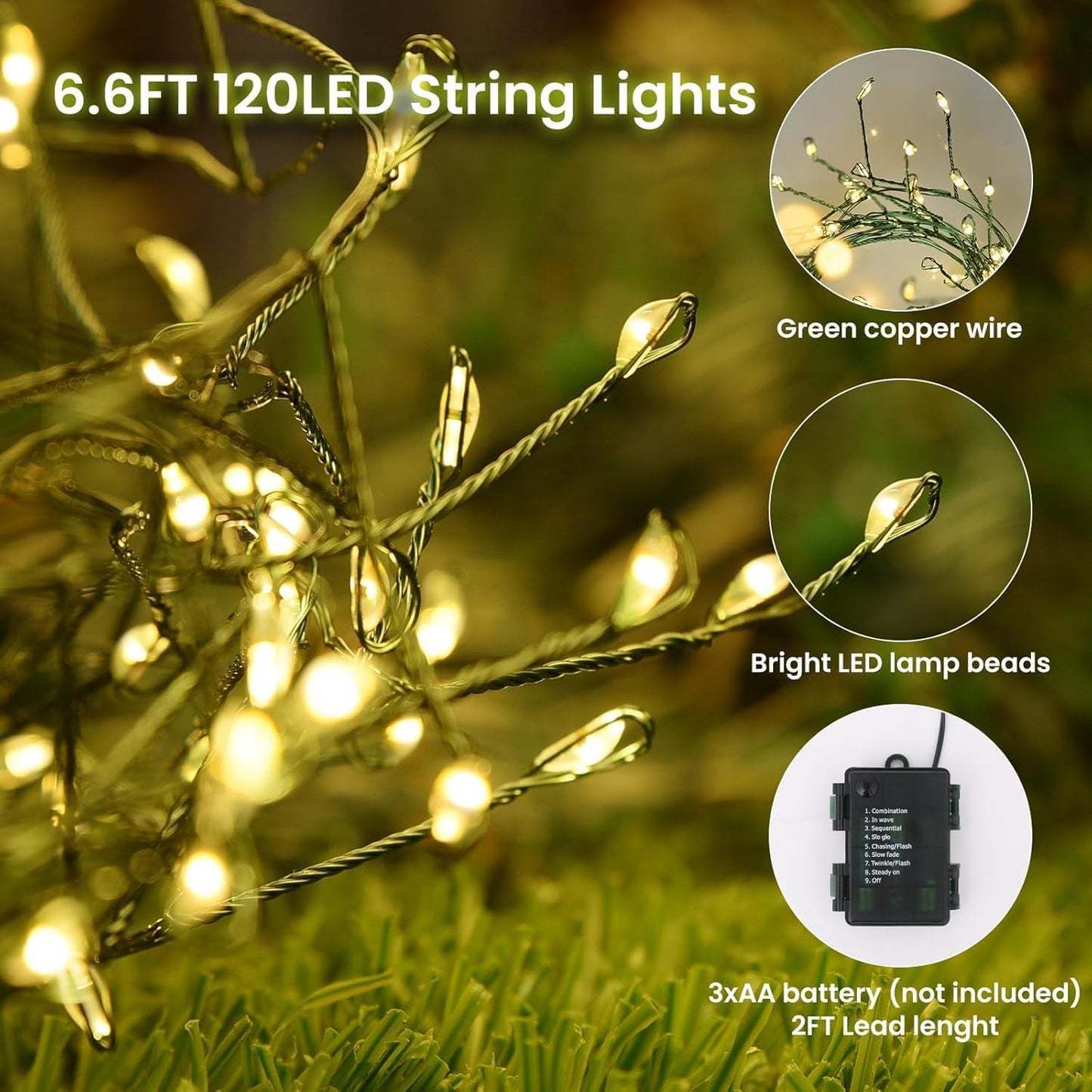 handheld remote with 8 lighting modes, 4 brightness levels, and 6h on / 18h off timer