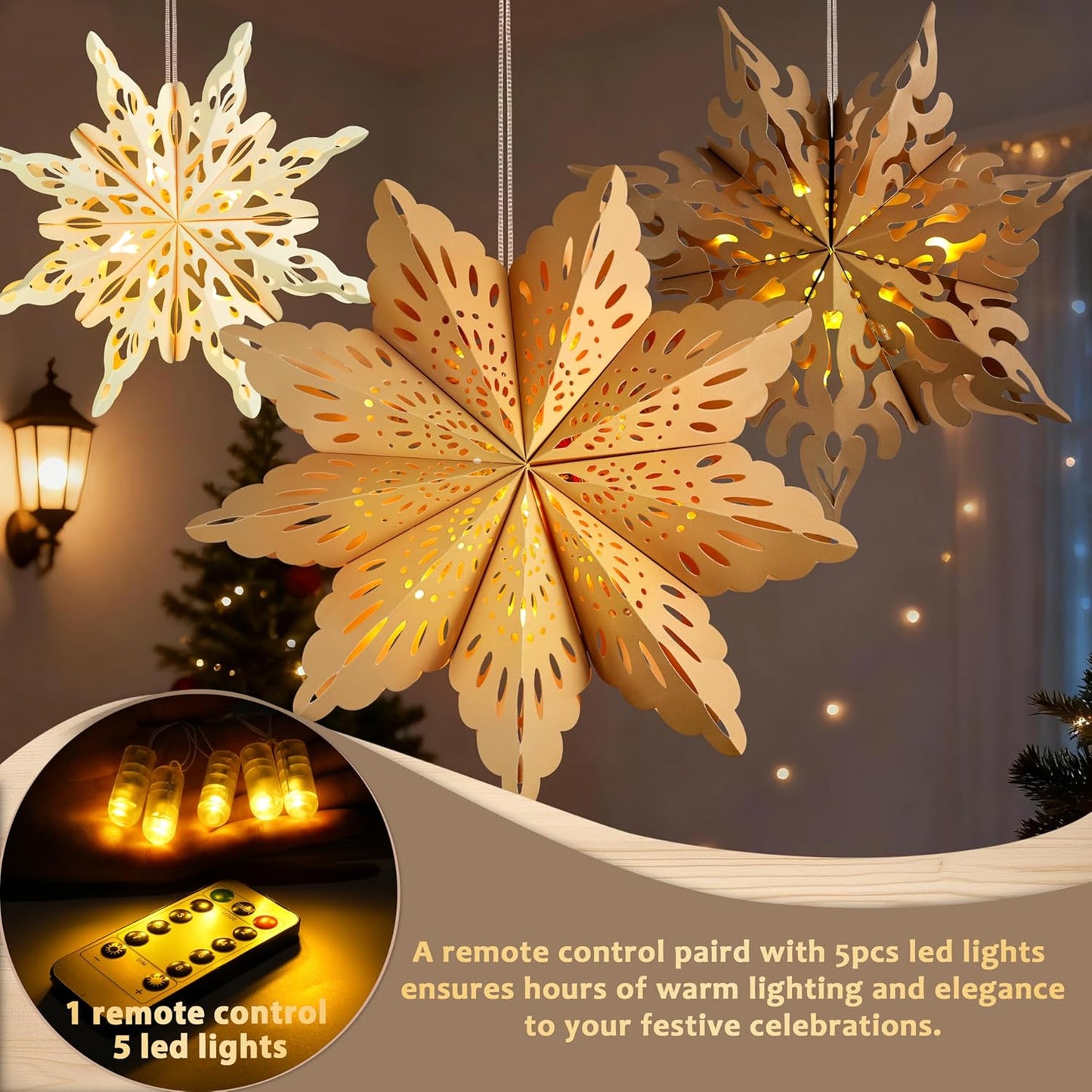 Hanging Paper Snowflake Lamps with Warm LED Light – Neutral Tone Holiday Lanterns for Front Porch, Windows and Seasonal Home Styling