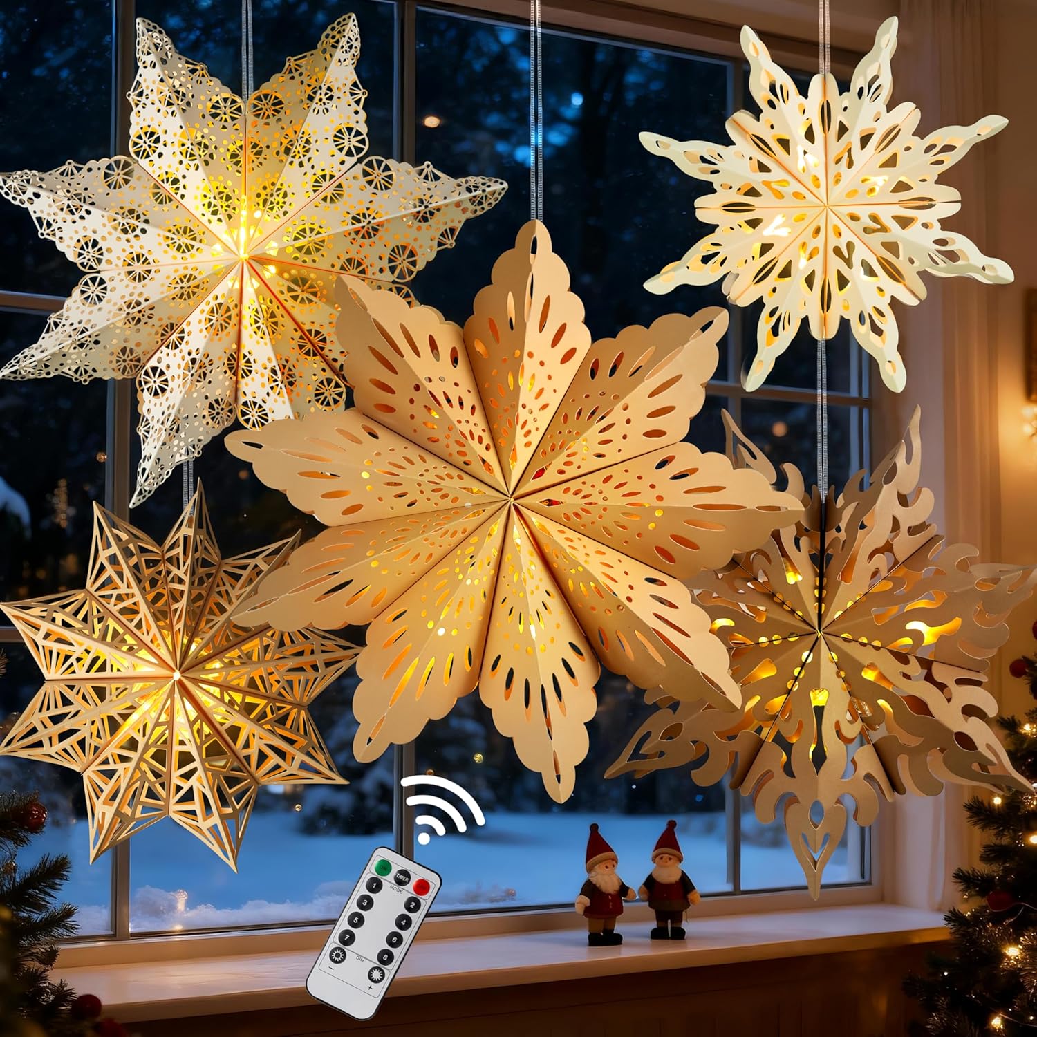 Hanging Paper Snowflake Lamps with Warm LED Light – Neutral Tone Holiday Lanterns for Front Porch, Windows and Seasonal Home Styling