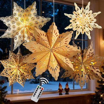 Hanging Paper Snowflake Lamps with Warm LED Light – Neutral Tone Holiday Lanterns for Front Porch, Windows and Seasonal Home Styling