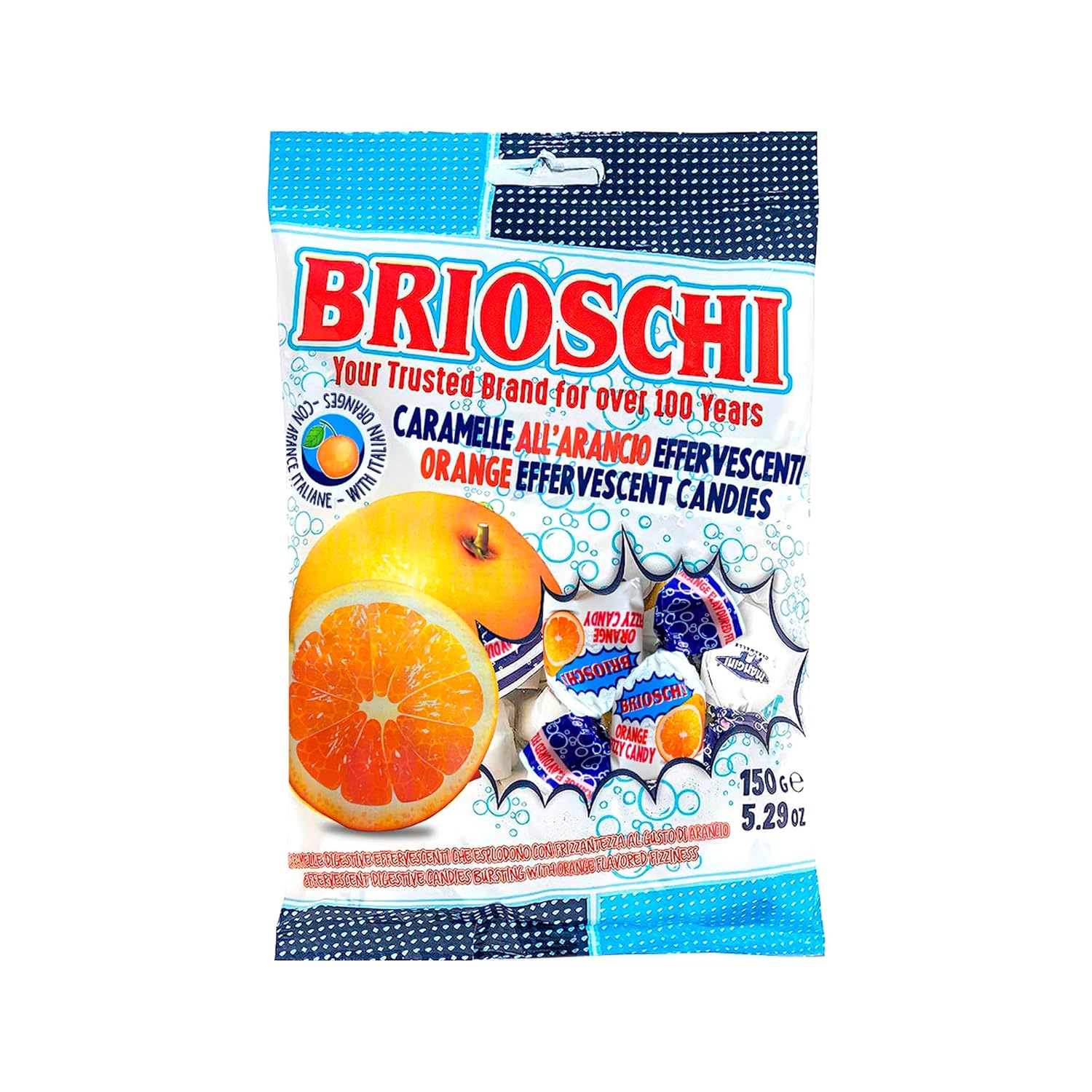 hard orange candy shell with a bursting fizzy effervescent center