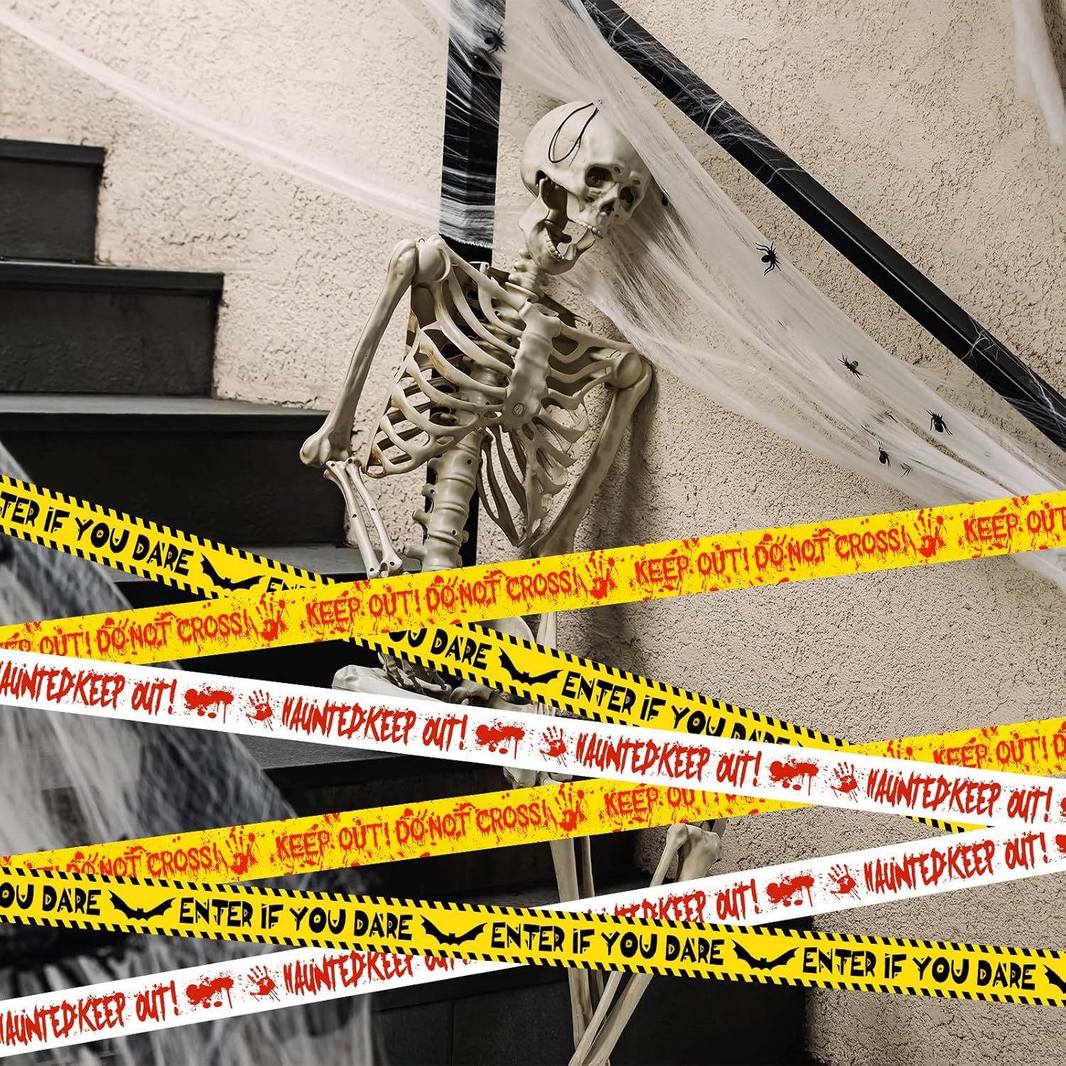 HauntHouse Caution Tape Trio – Fright Night Wall Hanging for Basement Lounge and Game Room Styling