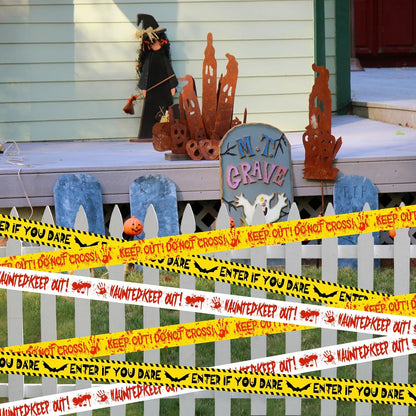 HauntHouse Caution Tape Trio – Fright Night Wall Hanging for Basement Lounge and Game Room Styling