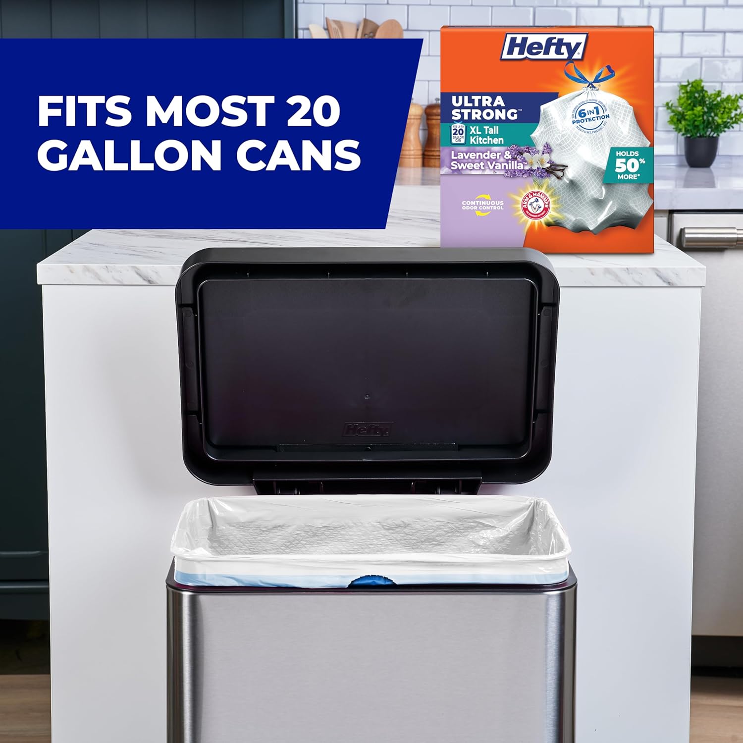 Hefty Ultra Strong 20 Gallon Tall Kitchen Trash Bags, Clean Burst Scent, Arm and Hammer Odor Control for a Safer Open-Plan Living Area