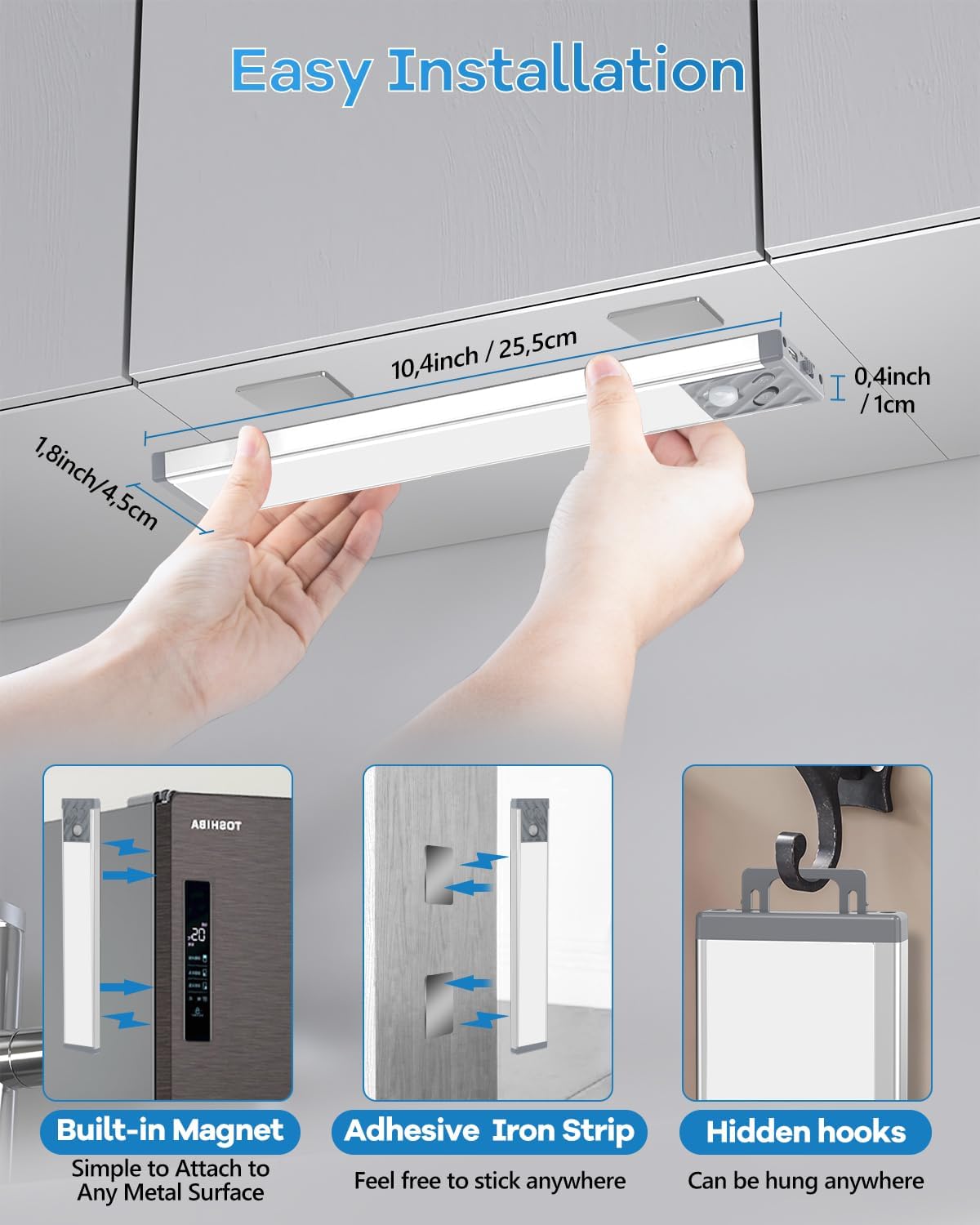 HIBOITEC LED Motion Bar Light – Gift-Ready Rechargeable Cabinet Light for Elderly Parents, Tool-Free 2-Pack