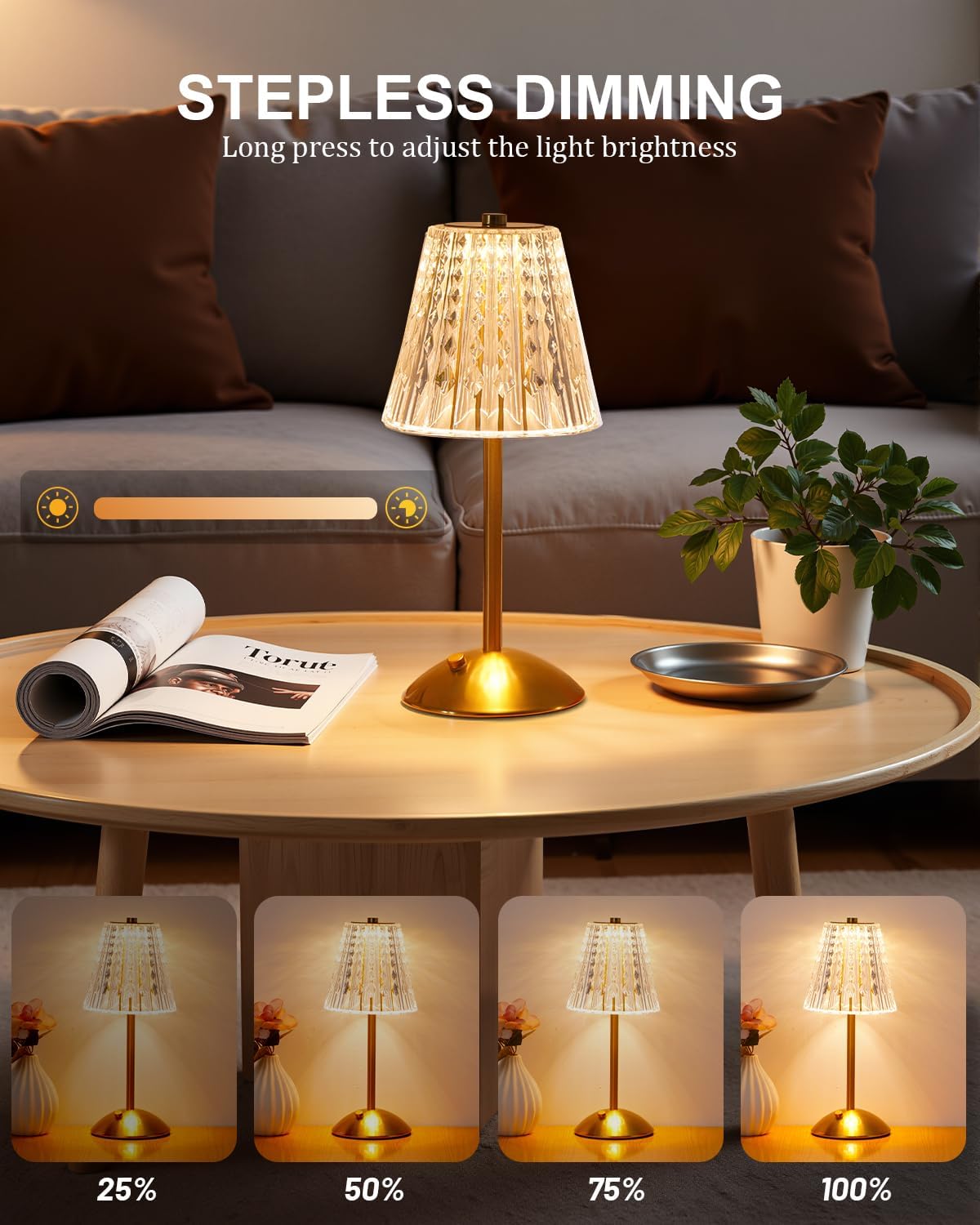 high-clarity acrylic crystal shade with polished metal base