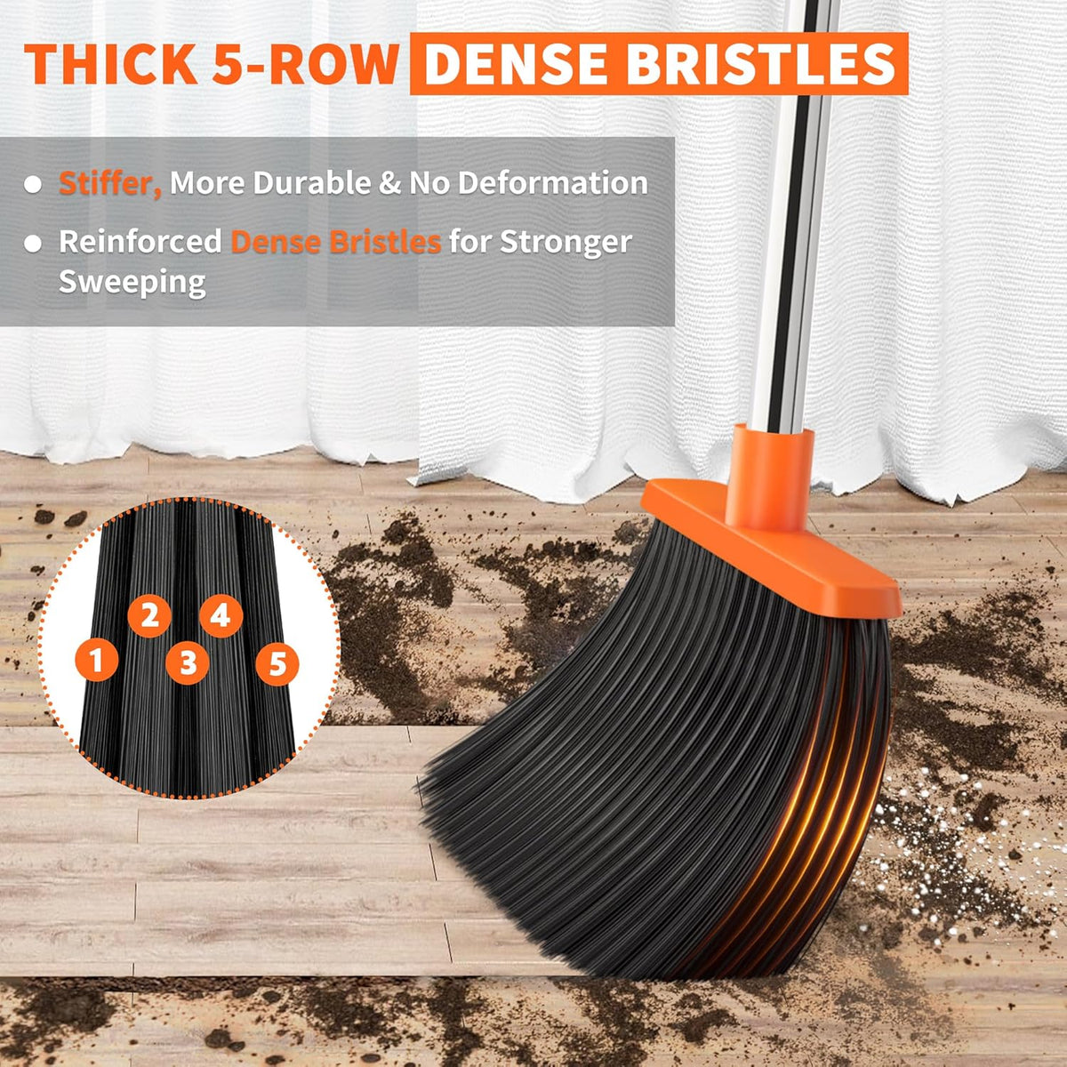 high-density unflagged pet bristles angled for fine dust and large debris
