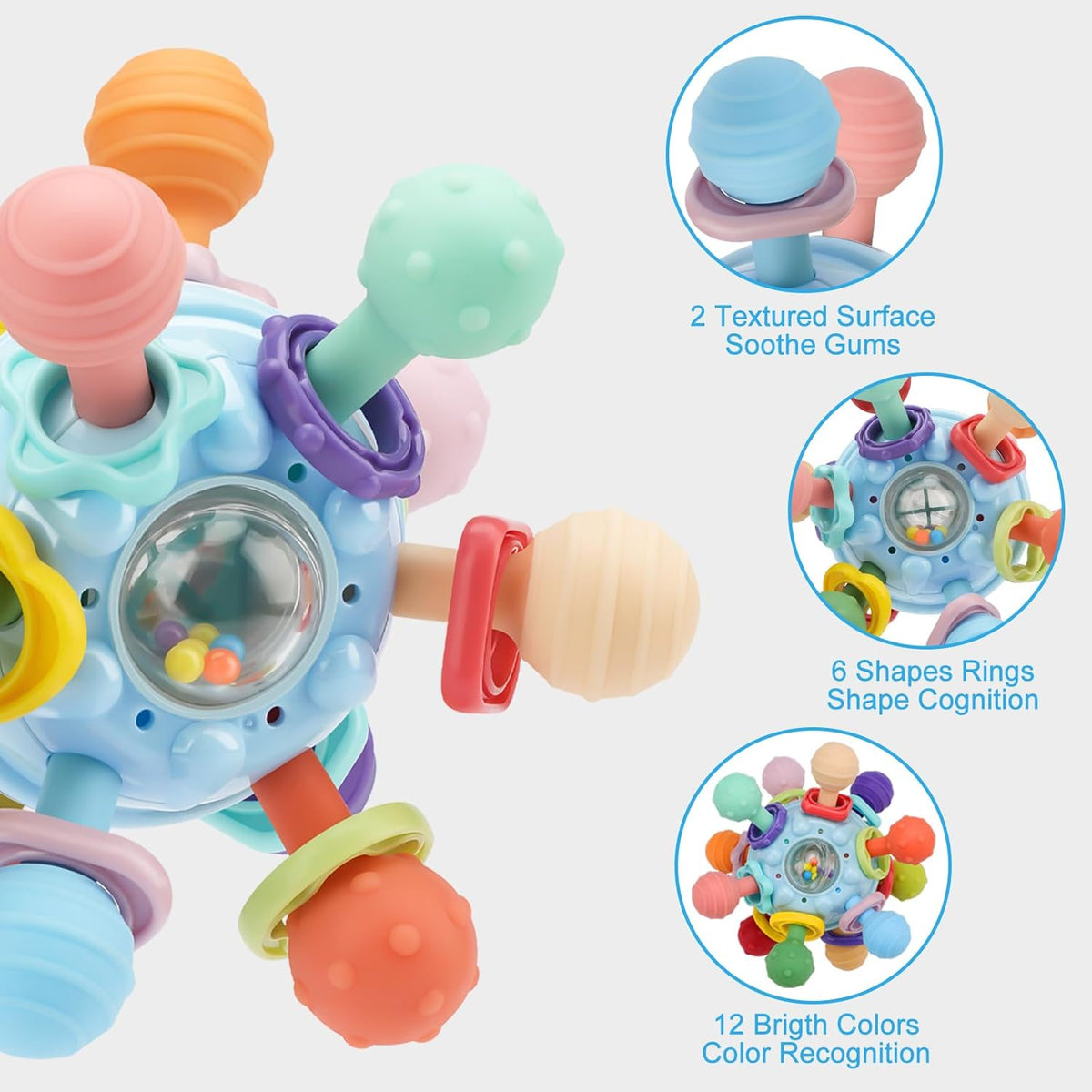 high-quality soft silicone teether surface (20mm ball diameter) sized for infant gums