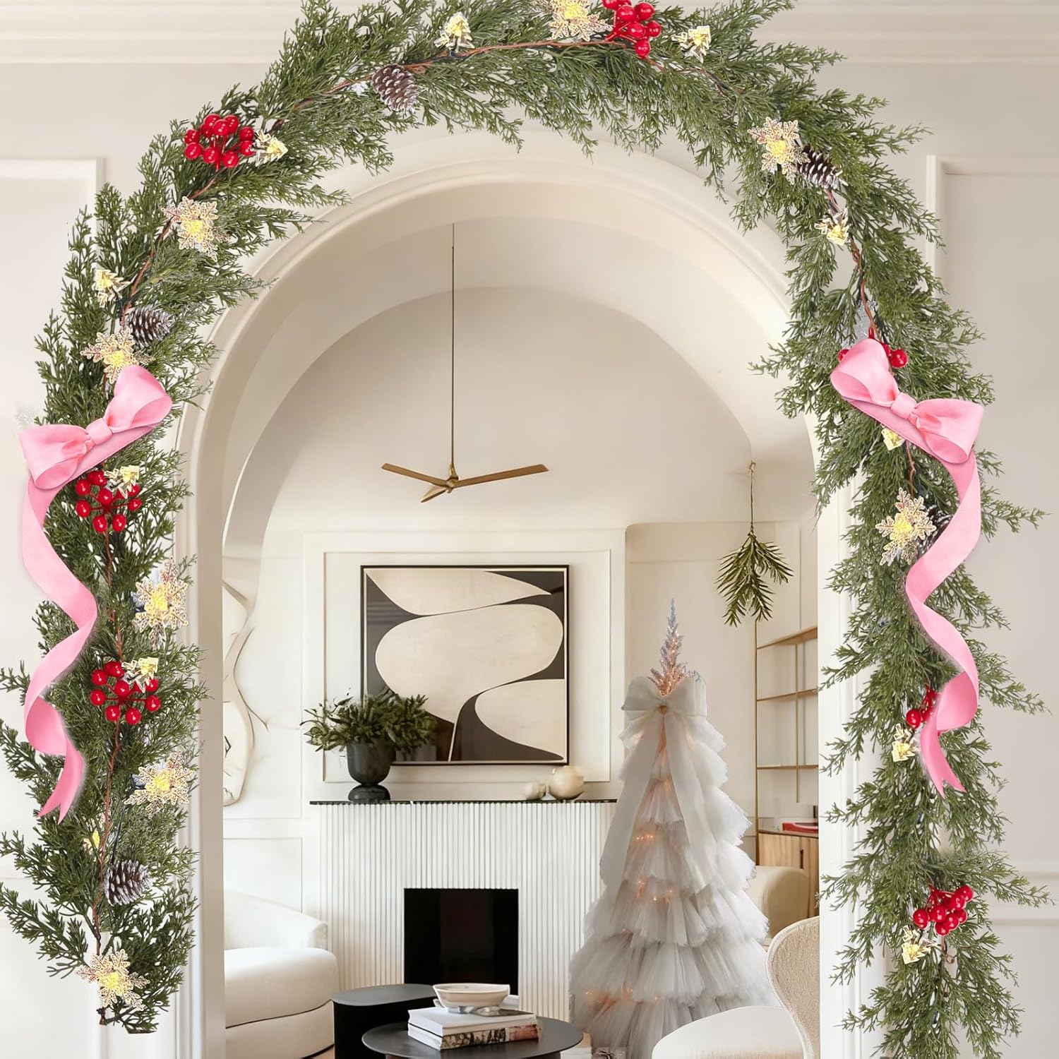 HolyNook Studio Faux Cedar Garland – Bedroom and Dining Room Holiday Accent with Integrated Pine Cones