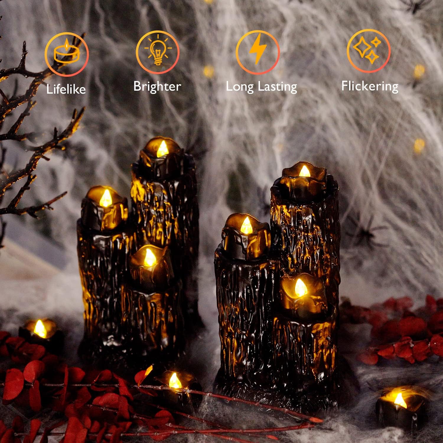 Homemory Flameless Drip LED Tea Lights – Halloween Black Candles for Moody Living Room Mantel & Entryway Decor