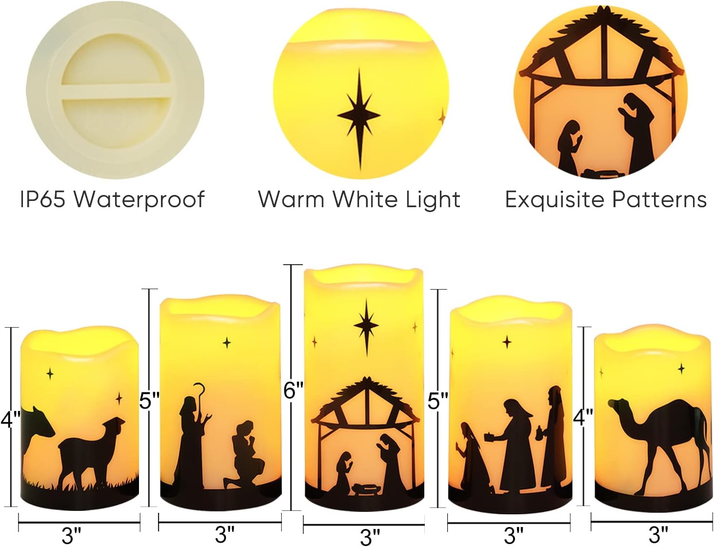 Homemory Flameless Nativity Pillar Set - Peace-of-Mind Christmas Candles for Bedrooms and Overnight Use, Battery Operated 5 Pack
