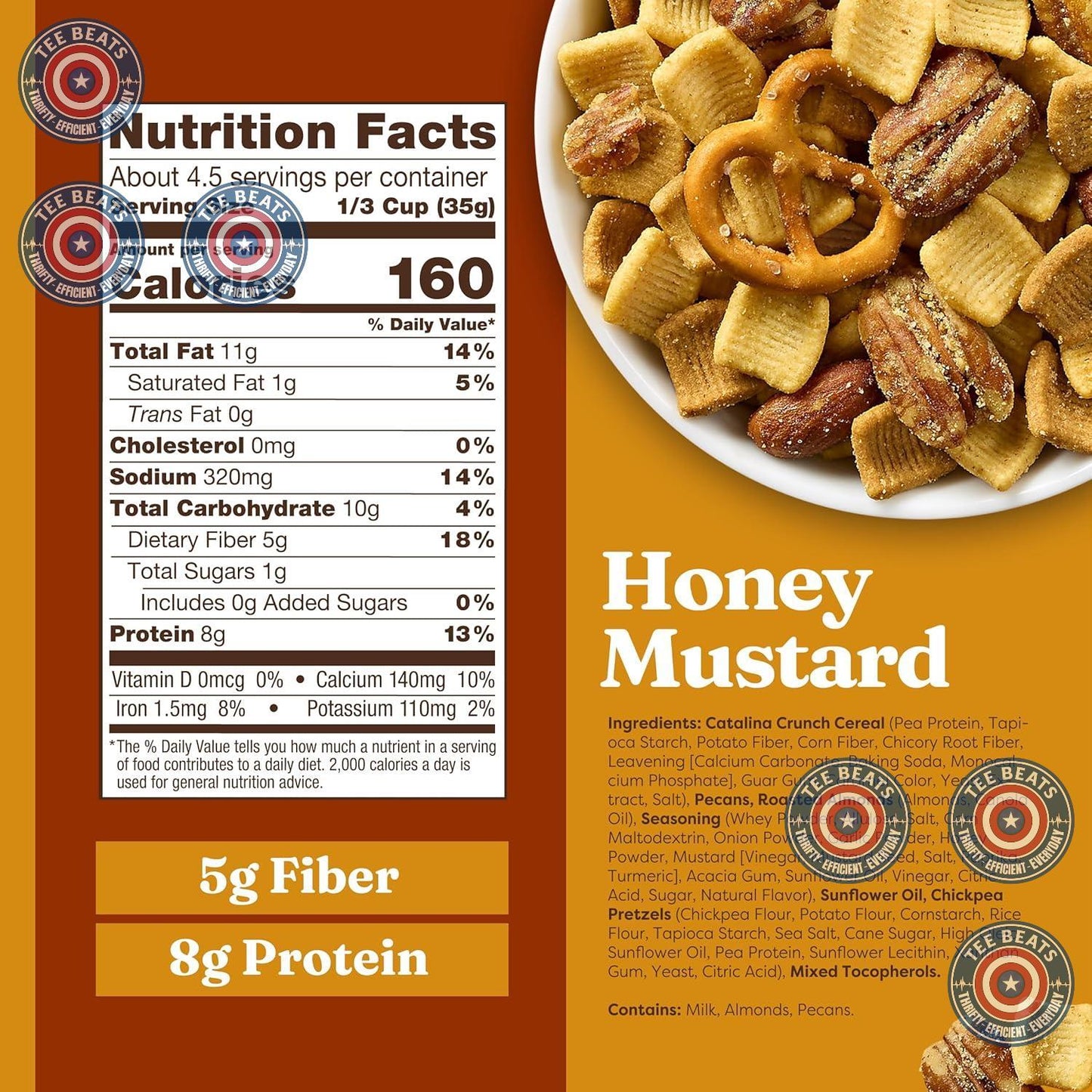 honey mustard flavor coating over nuts, chickpea pretzels, and catalina crunch cereal