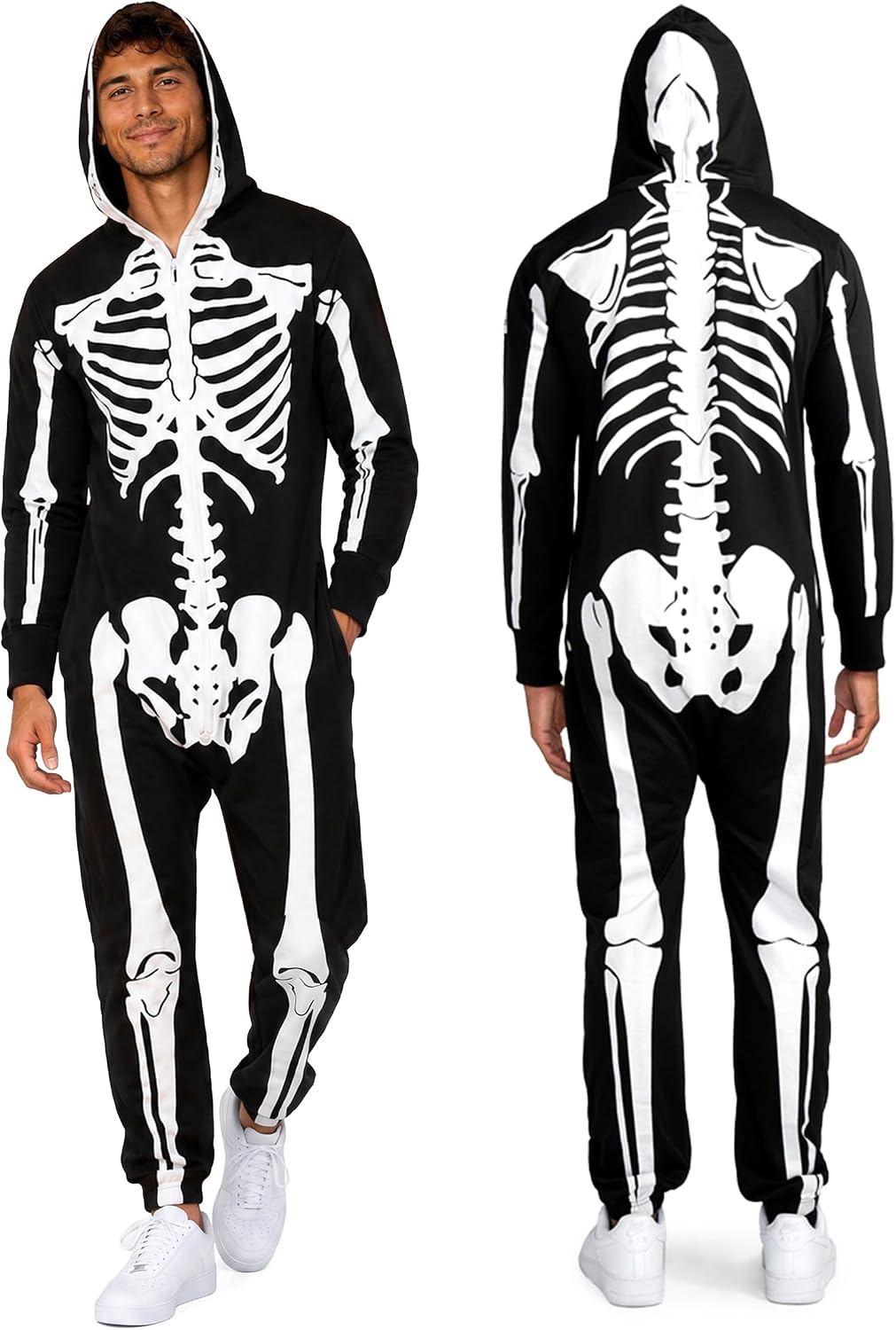 hooded one-piece adult jumpsuit construction for full skeleton coverage