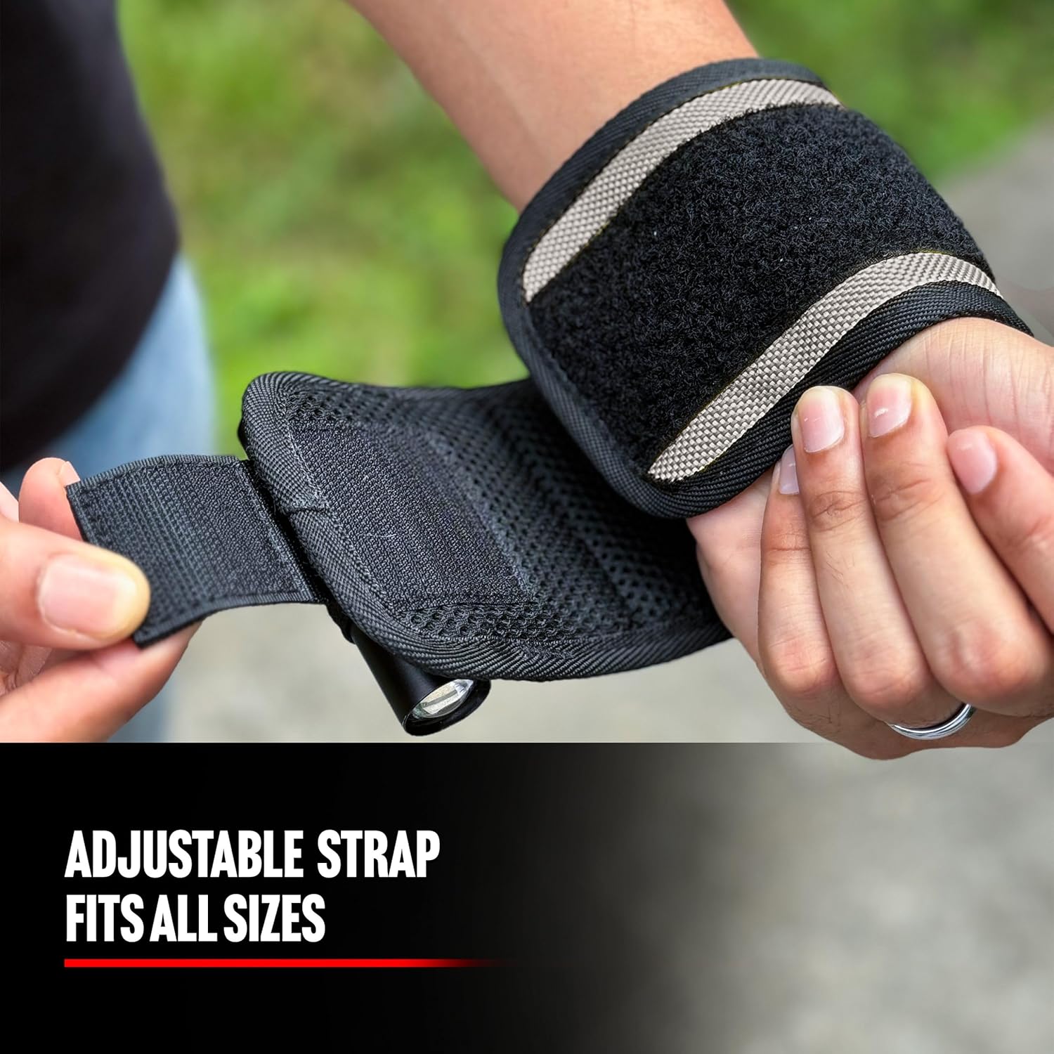hook-and-loop adjustable closure, one-size-fits-most at 14.5 x 3.5 inches