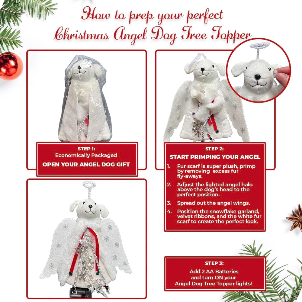 iHeartDogs Christmas Miracle Angel – Cozy Living Room Tree Topper with LED Halo and Snowflake Garland