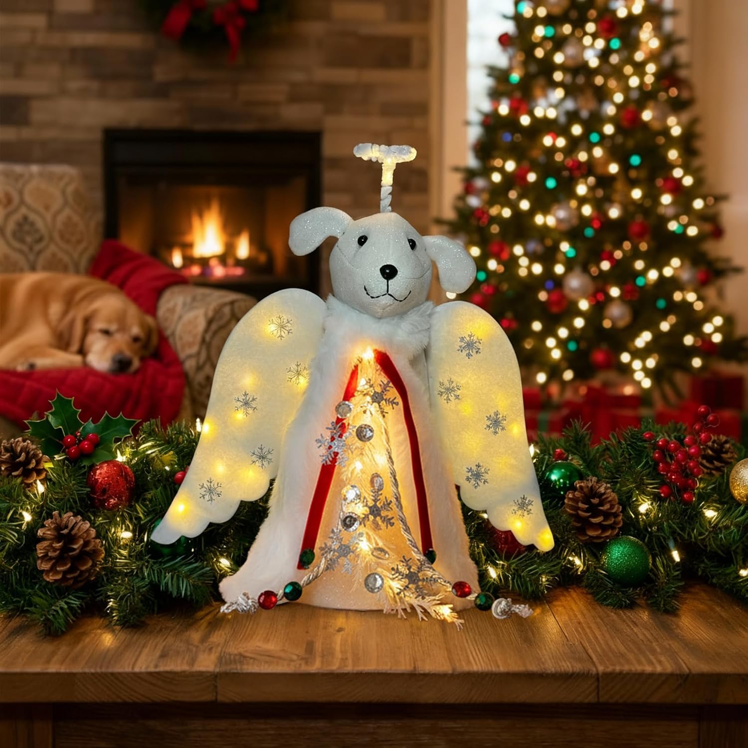 iHeartDogs Christmas Miracle Angel – Cozy Living Room Tree Topper with LED Halo and Snowflake Garland
