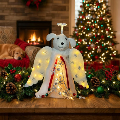 iHeartDogs Christmas Miracle Angel – Cozy Living Room Tree Topper with LED Halo and Snowflake Garland