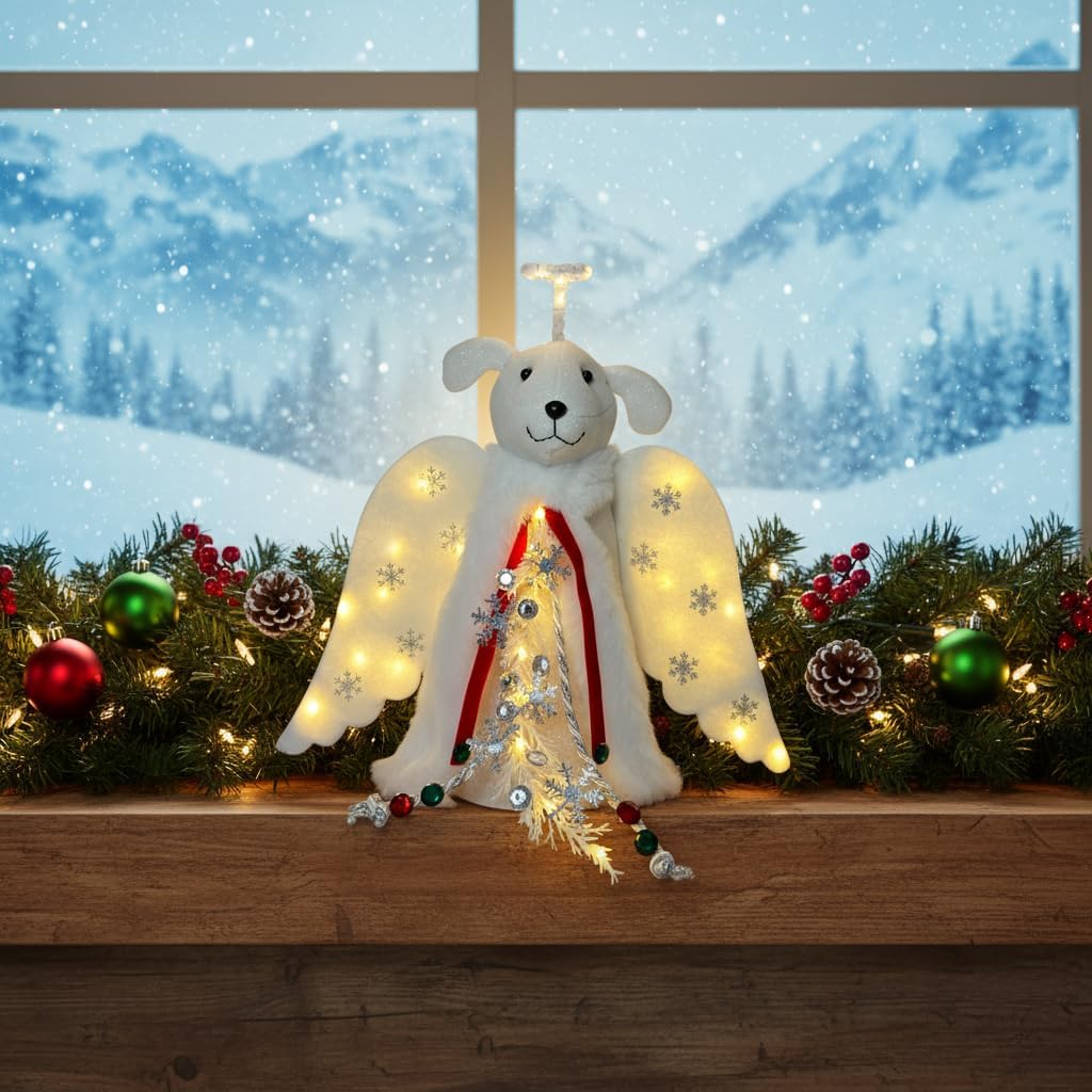 iHeartDogs Christmas Miracle Angel – Cozy Living Room Tree Topper with LED Halo and Snowflake Garland