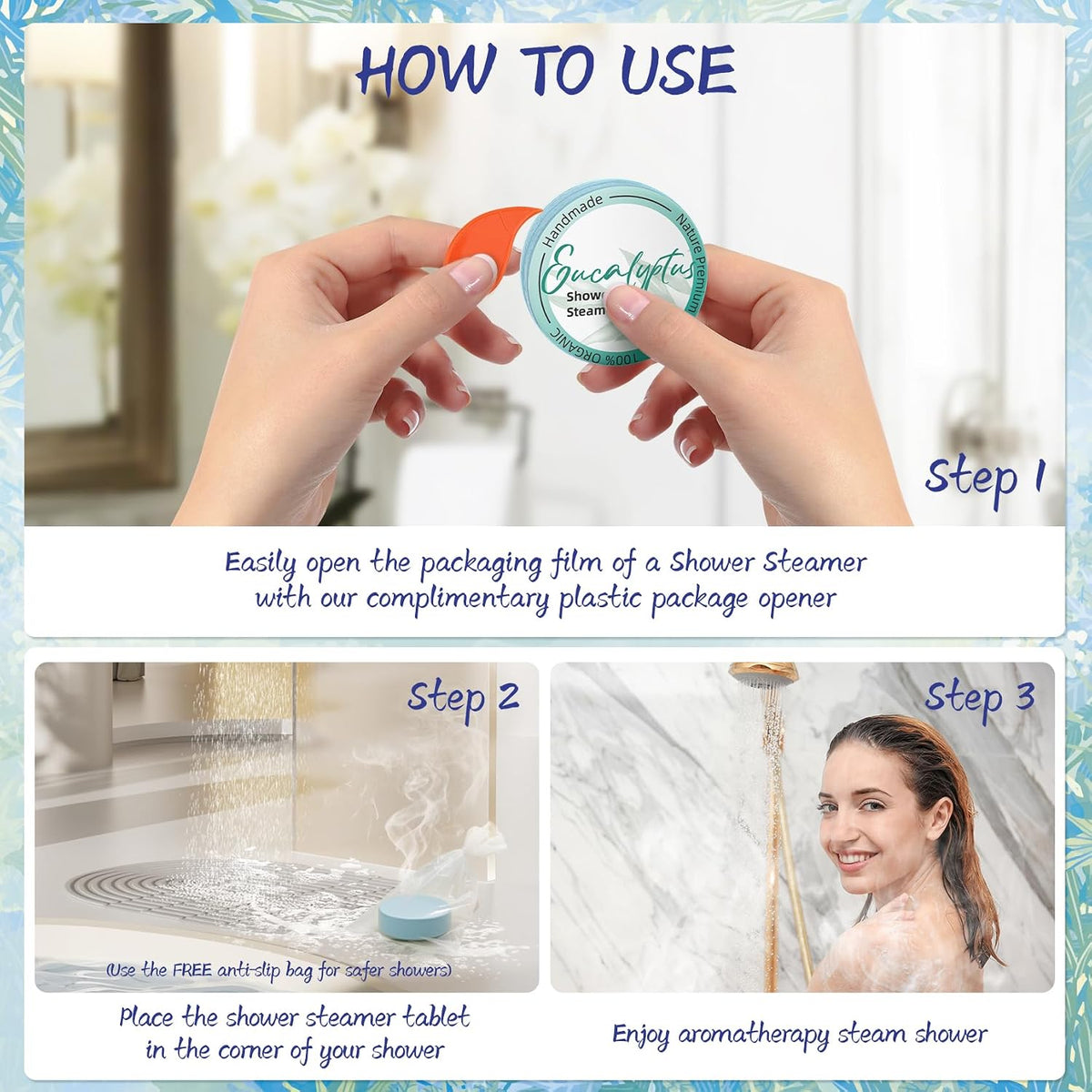 included 2-in-1 magic bag (anti-slip shower mat + hanging freshener) and dedicated opener tool