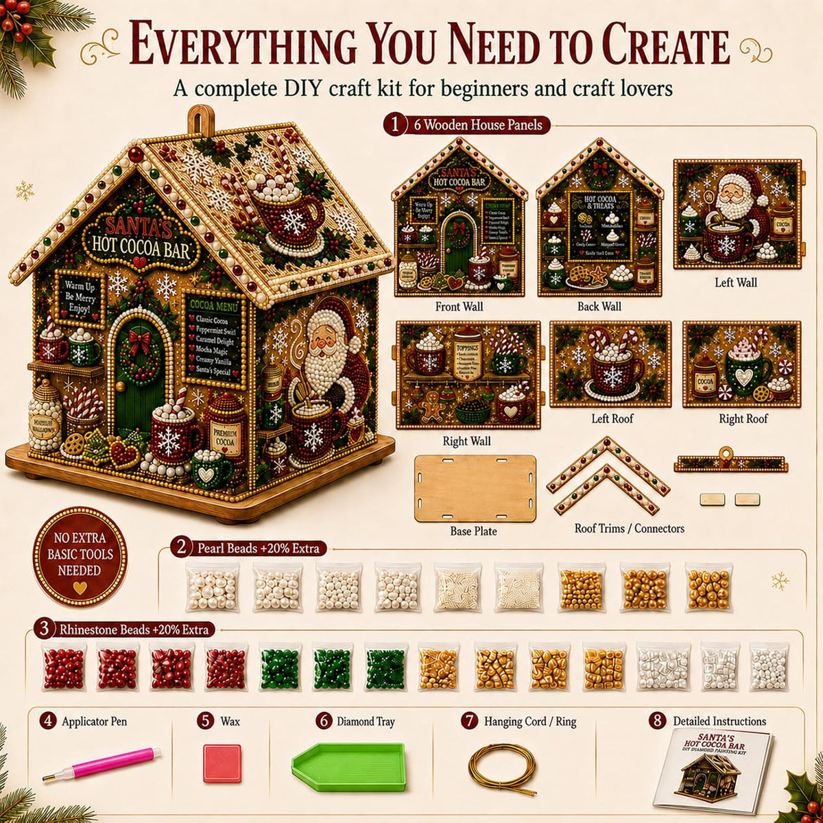included applicator pen, wax, tray, and basic crafting tools for placing and organizing the decorative pieces.