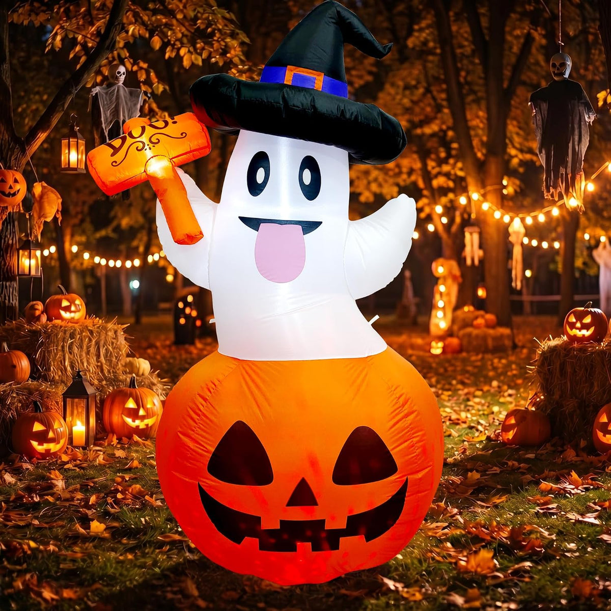 JOYIN 5 FT Glow-in-the-Dark Inflatable Pumpkin Ghost for Kids' Halloween Night Yard and Play Area Setup