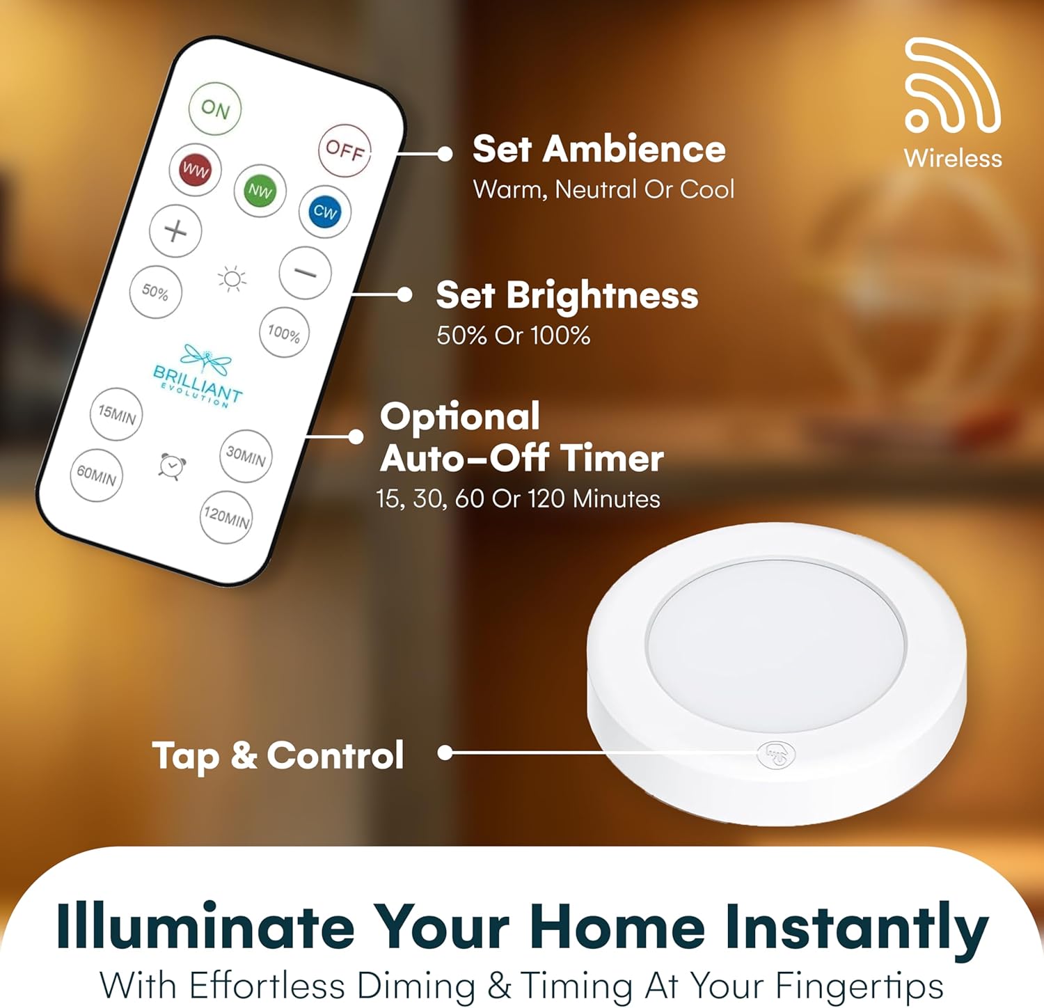 included ir remote for on/off, dimming, and 15/30/60/120-minute timer presets