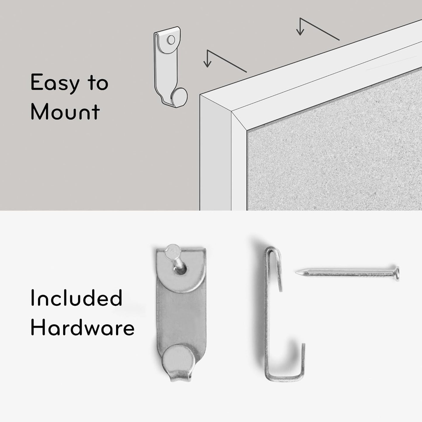 included mounting hardware, instructions, and starter push pins for out-of-box setup