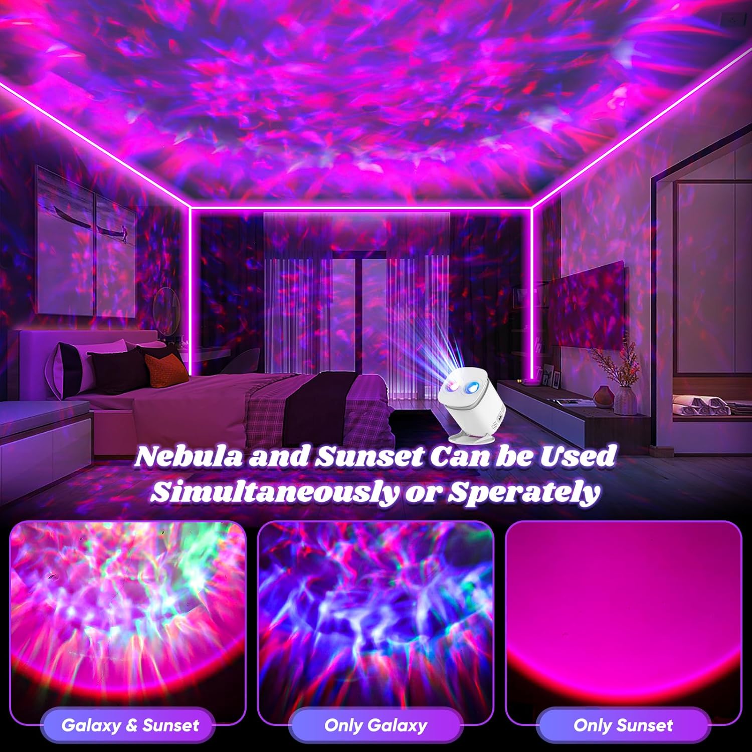 included remote control for brightness, color, rotation speed, and mode switching