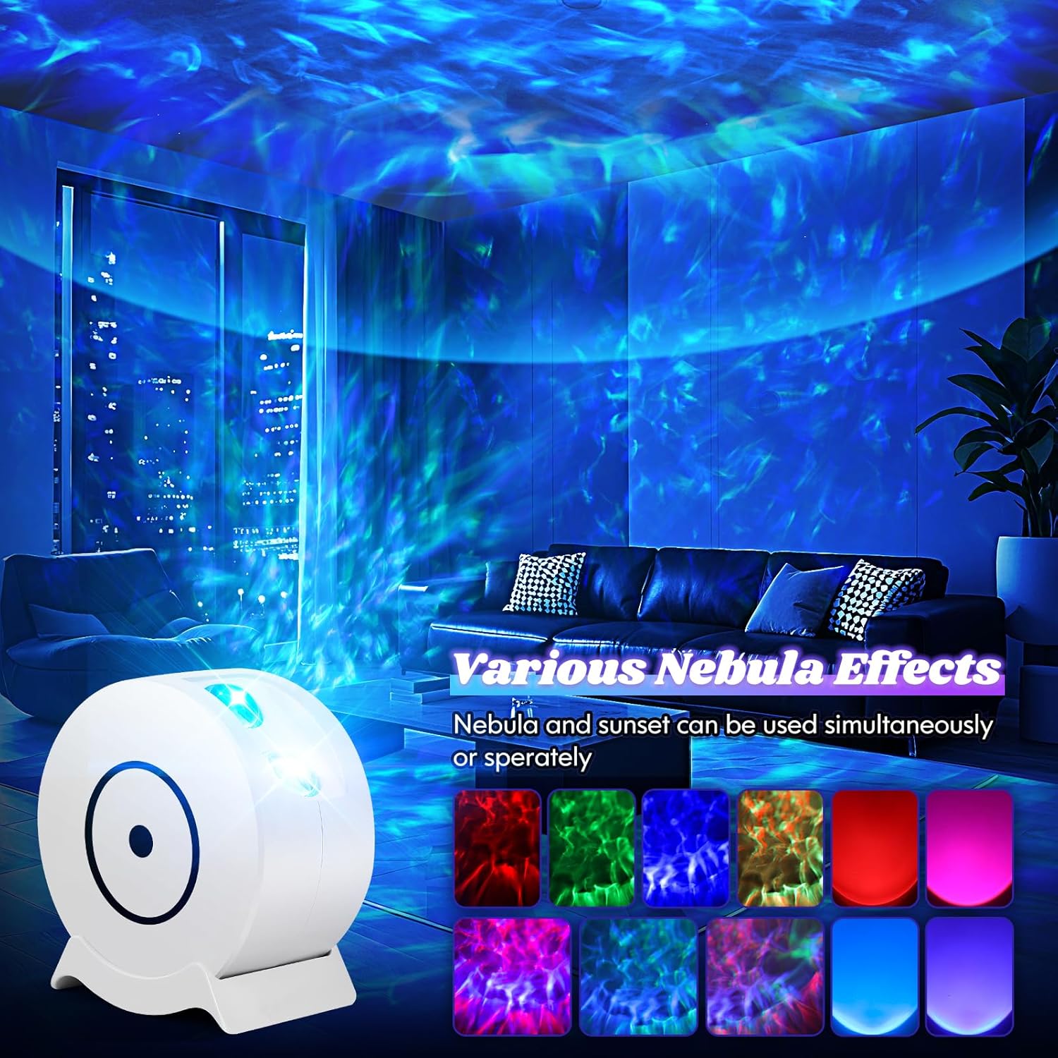 included remote control for brightness, nebula rotation speed, and timer settings