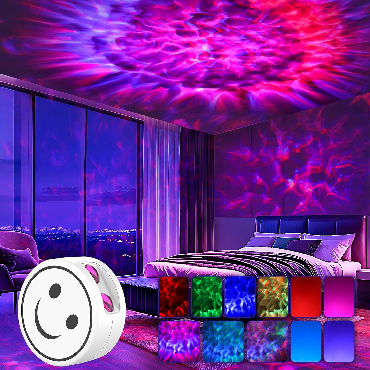 included remote control plus onboard buttons for color, brightness, and nebula speed adjustment