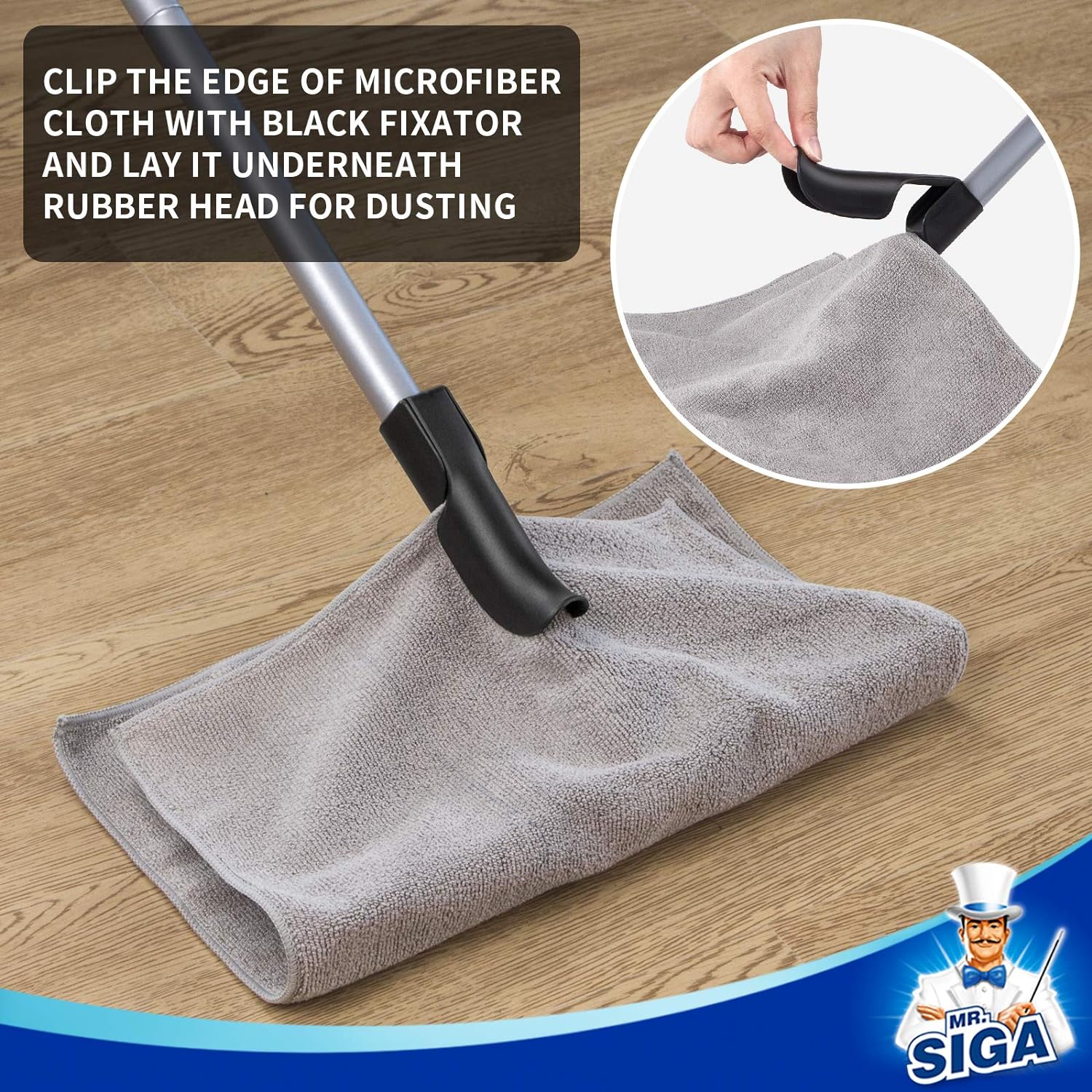 included washable microfiber cloth for pre-sweep dusting and finishing polish