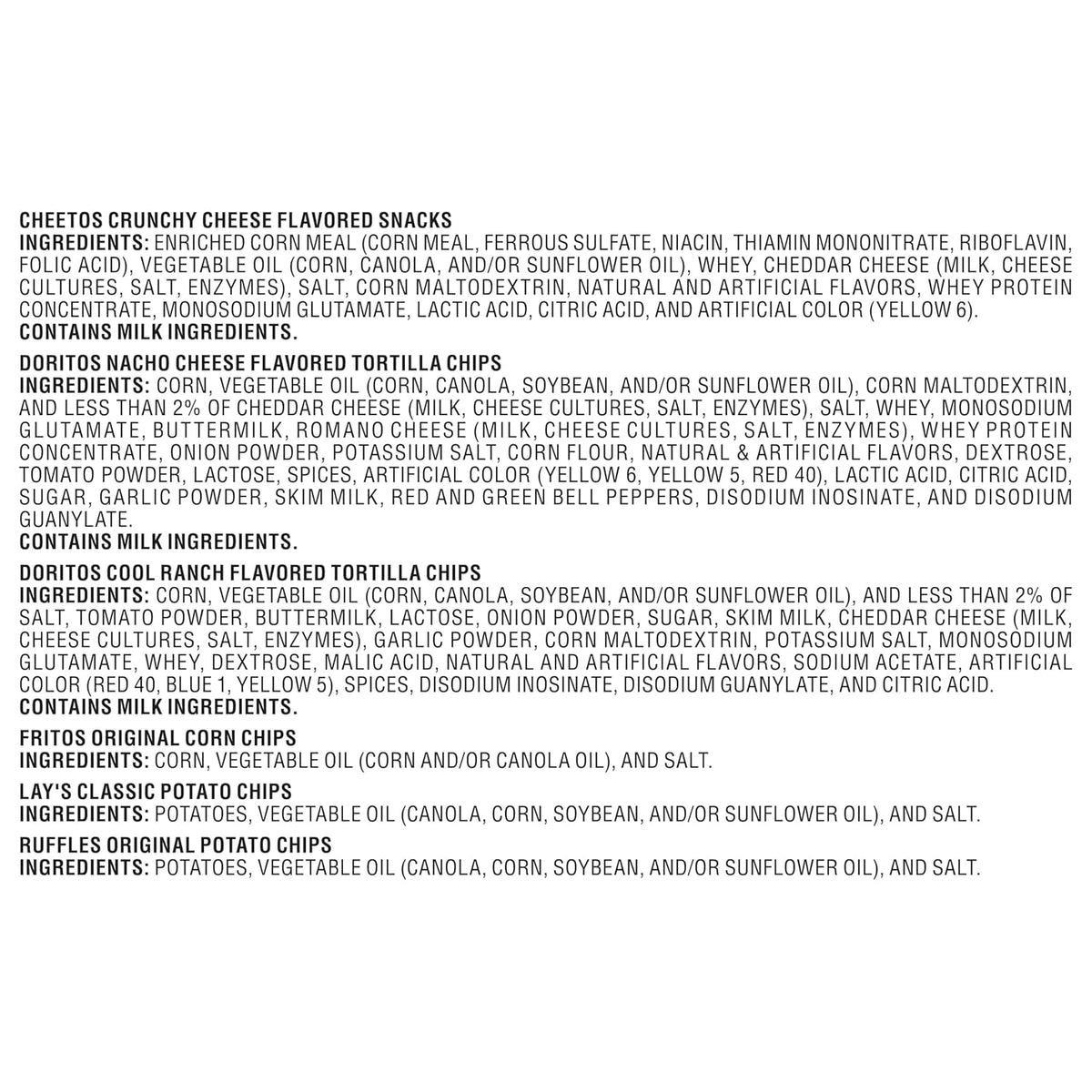 includes 4 cheetos crunchy bags, 6 doritos bags, 3 fritos original bags, 3 lay's classic bags, and 2 ruffles original bags
