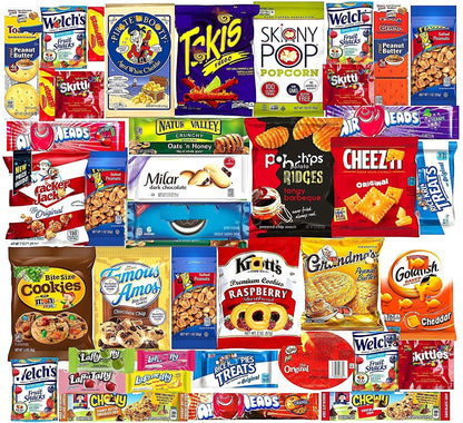 includes cookies, chips, bars, popcorn, and crackers with individually wrapped portions