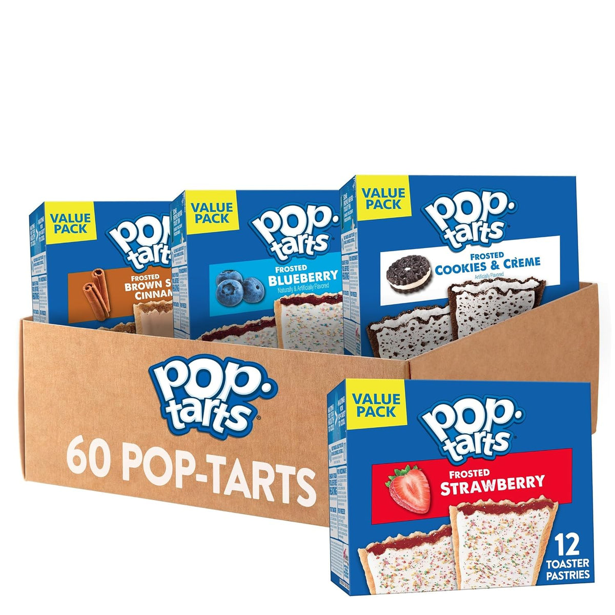includes frosted strawberry, frosted blueberry, frosted brown sugar cinnamon, and frosted cookies and creme flavors