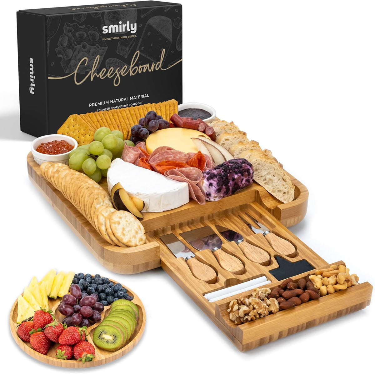includes one bamboo cheese board with drawer, one fruit tray, two round bowls, four wooden-handle cheese knives, two chalk markers, two slate labels, and one gift box