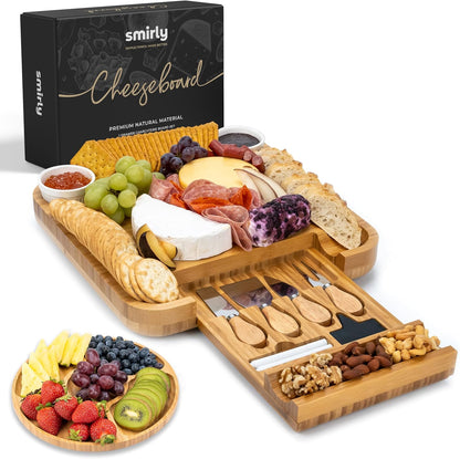 includes one bamboo cheese board with drawer, one fruit tray, two round bowls, four wooden-handle cheese knives, two chalk markers, two slate labels, and one gift box