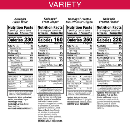 includes two cups each of frosted flakes, raisin bran, froot loops, and frosted mini-wheats