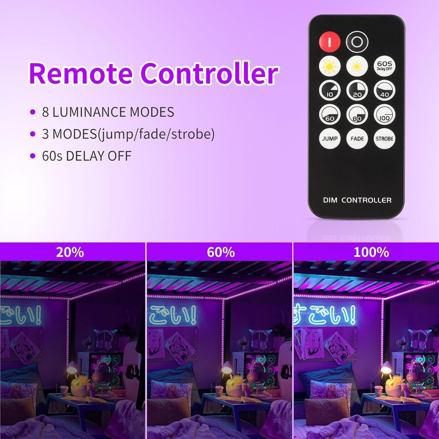 infrared remote control with brightness adjustment, delay-off, and mode switching