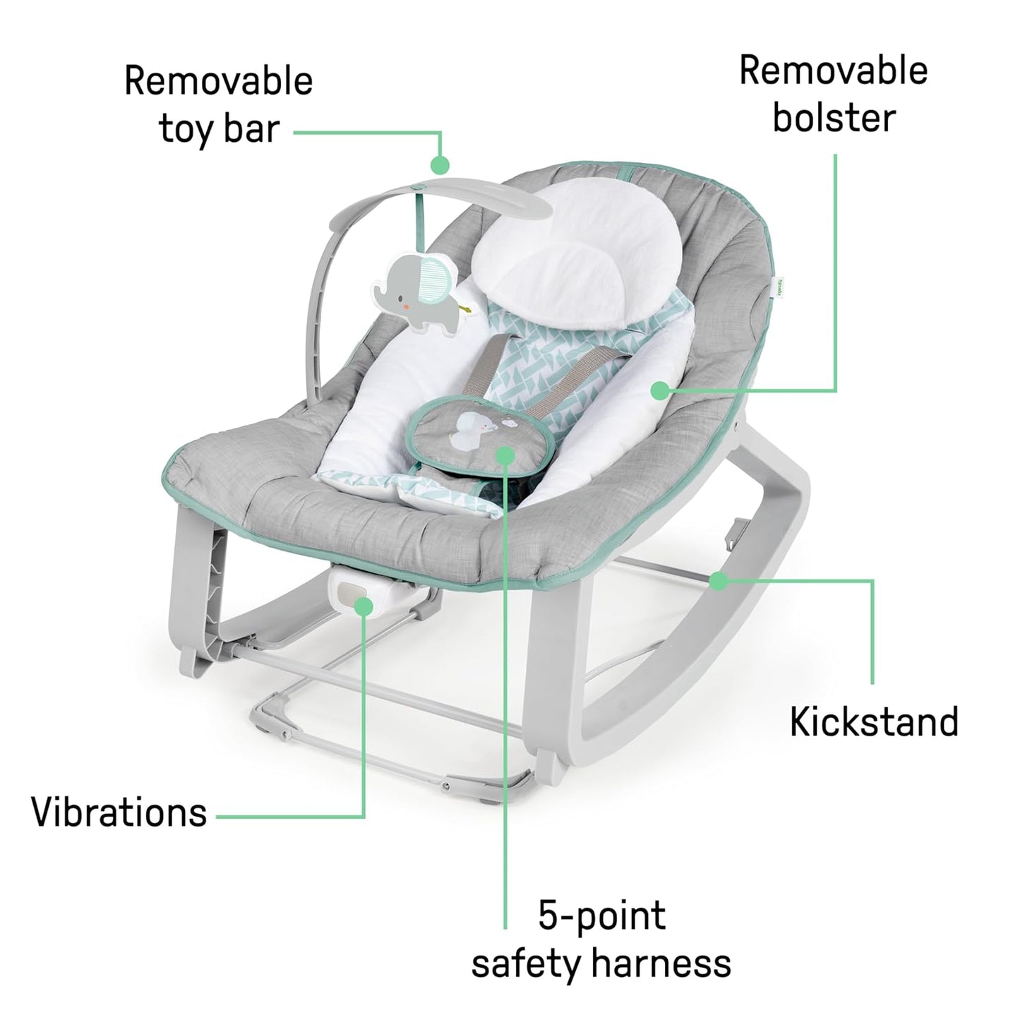 Ingenuity Keep Cozy 3-in-1 Bouncer and Rocker – Kid-Friendly Playroom Seat with 5-Point Harness, 0-30 Months