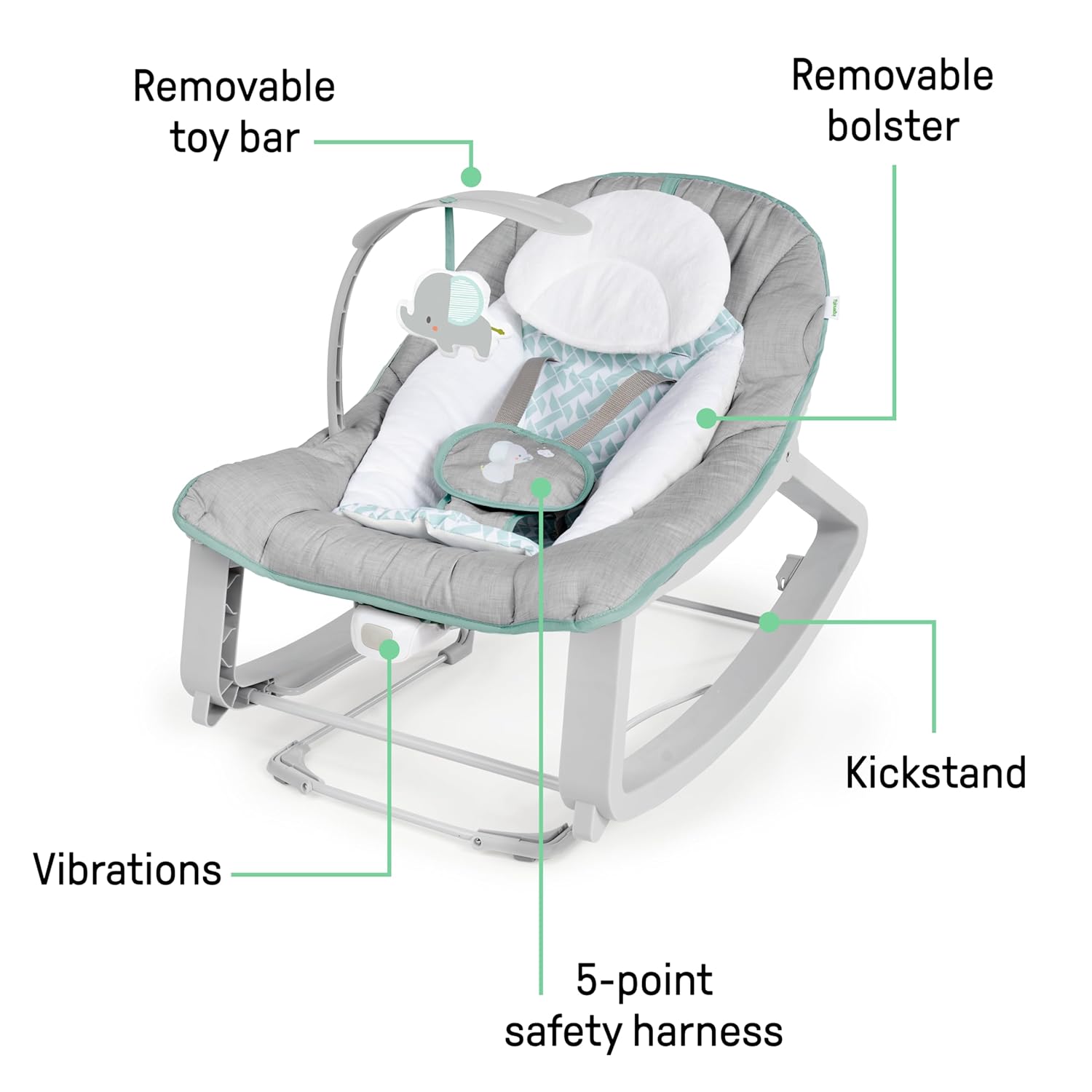 Ingenuity Keep Cozy 3-in-1 Bouncer and Rocker – Kid-Friendly Playroom Seat with 5-Point Harness, 0-30 Months