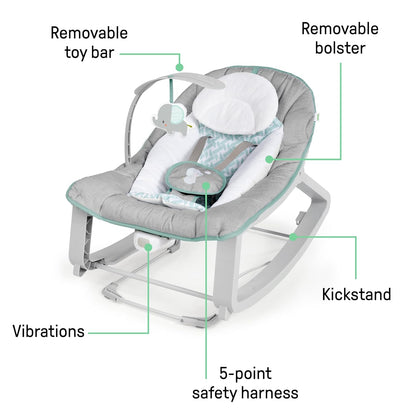 Ingenuity Keep Cozy 3-in-1 Bouncer and Rocker – Kid-Friendly Playroom Seat with 5-Point Harness, 0-30 Months
