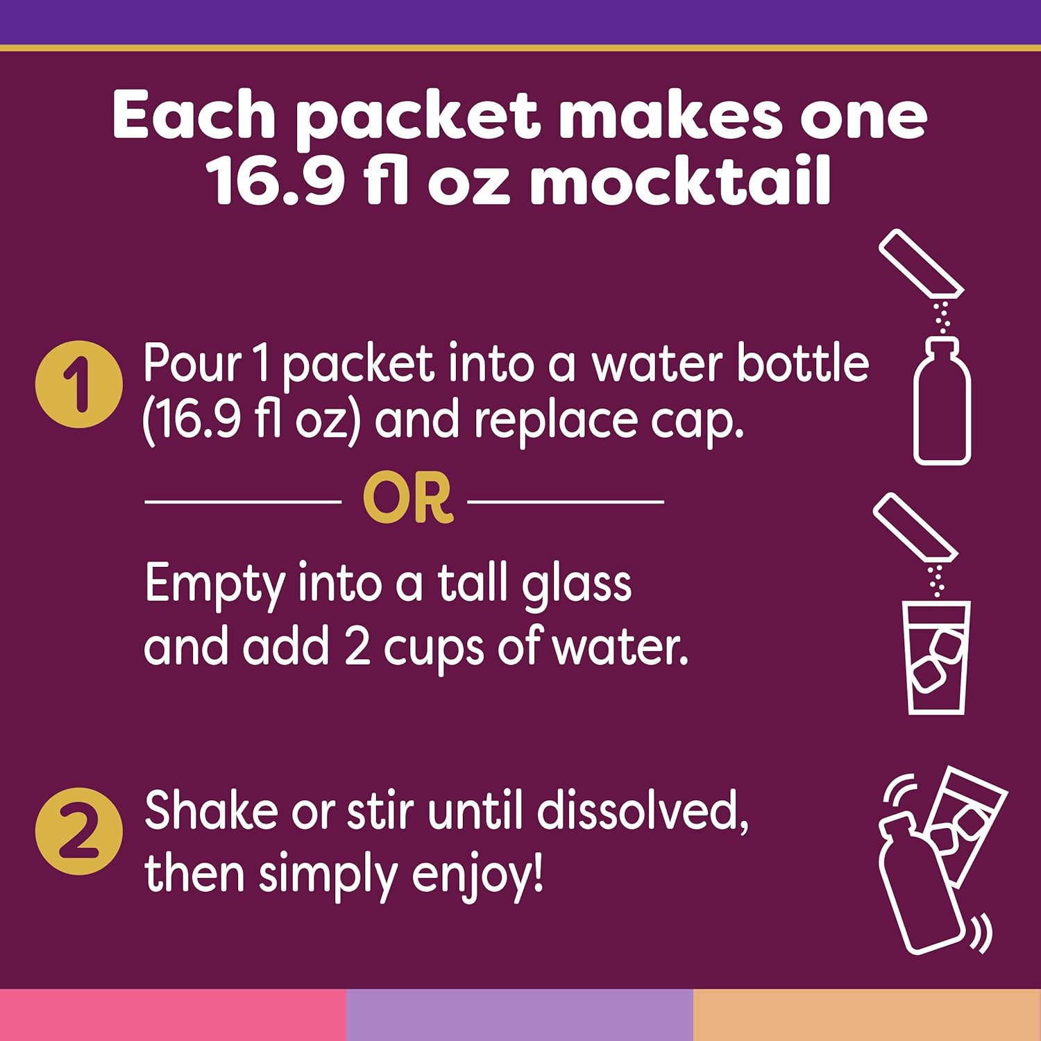 instant preparation: pour 1 packet into a water bottle or tall glass, shake or stir