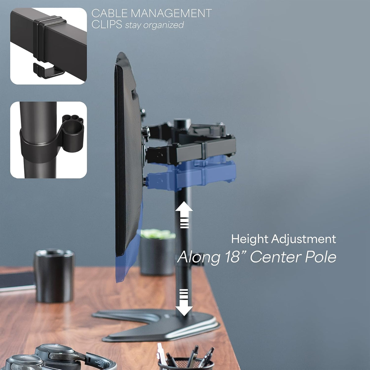 integrated detachable cable management clips on both arms and center pole