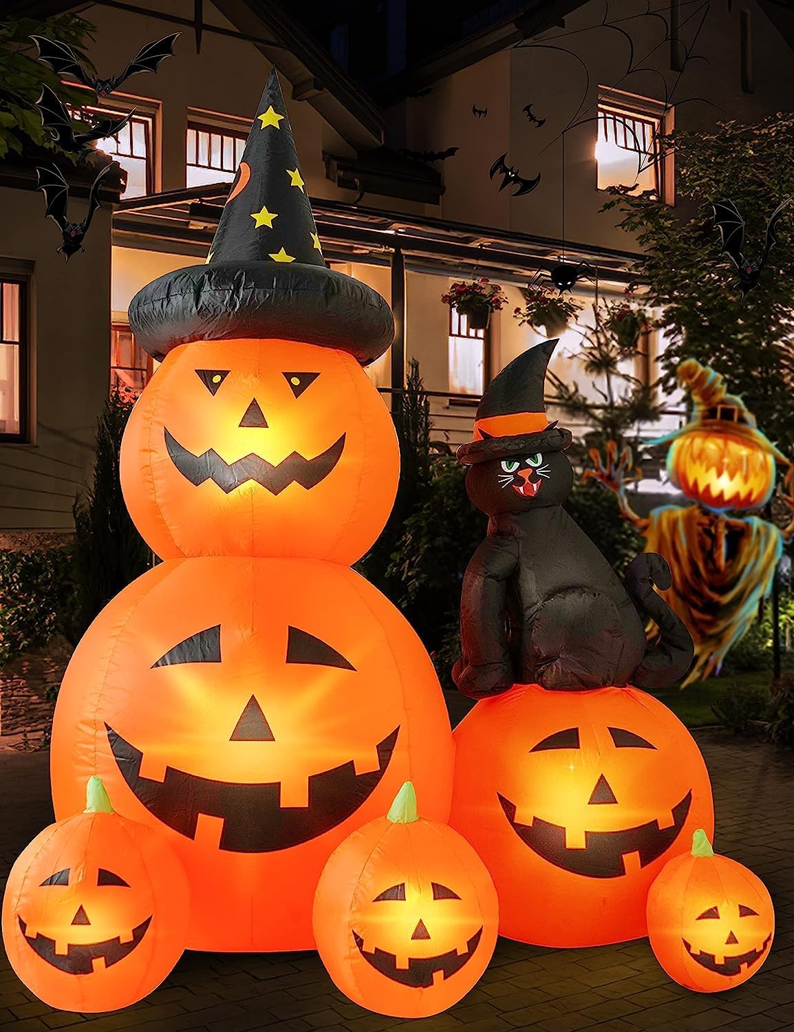 HauntedMoors Halloween Inflatable 6 FT Black Cat Ghost Pumpkin – Living Room and Porch Seasonal Decor with Bright White Illumination