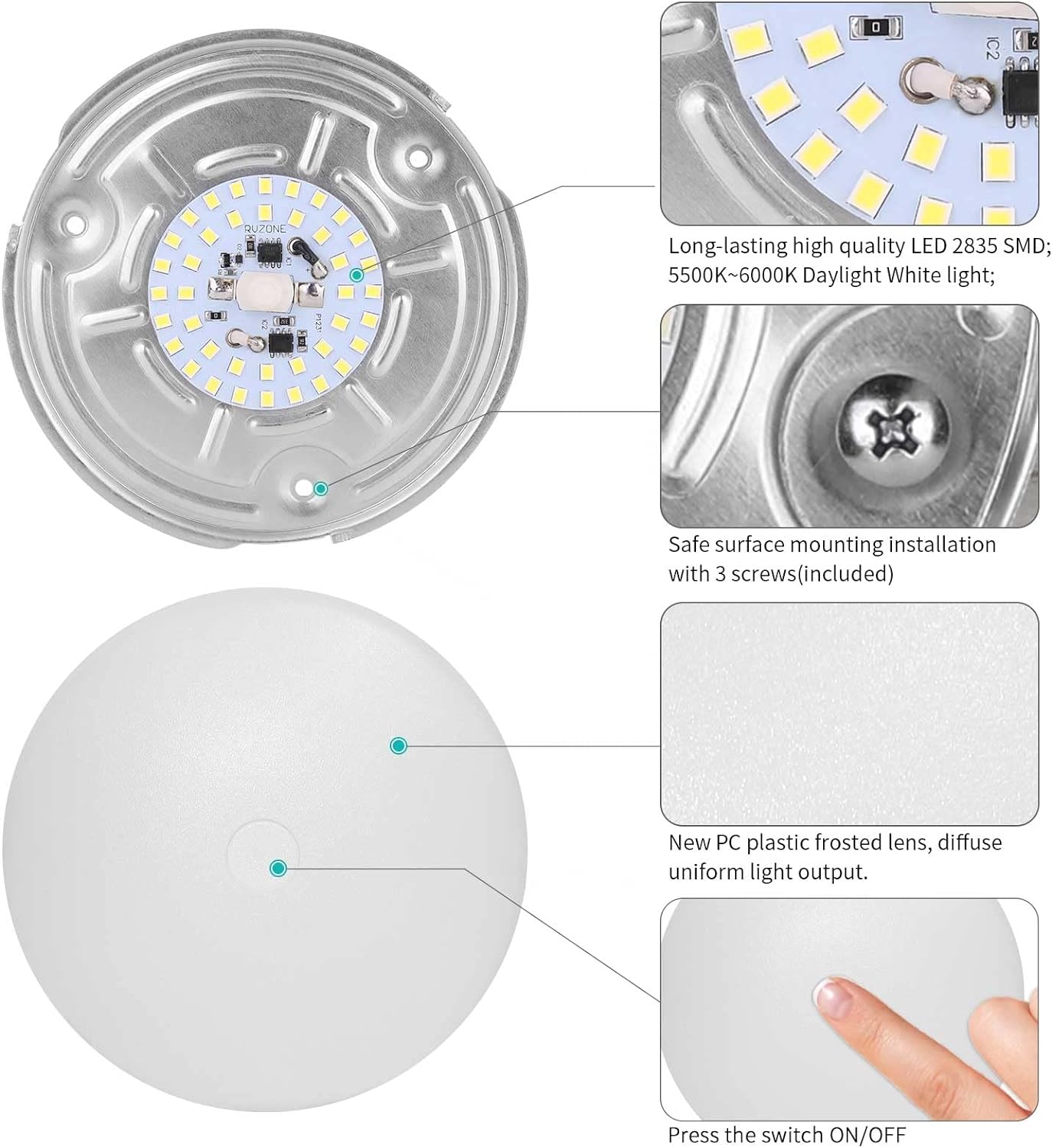 integrated push-button on/off switch on fixture