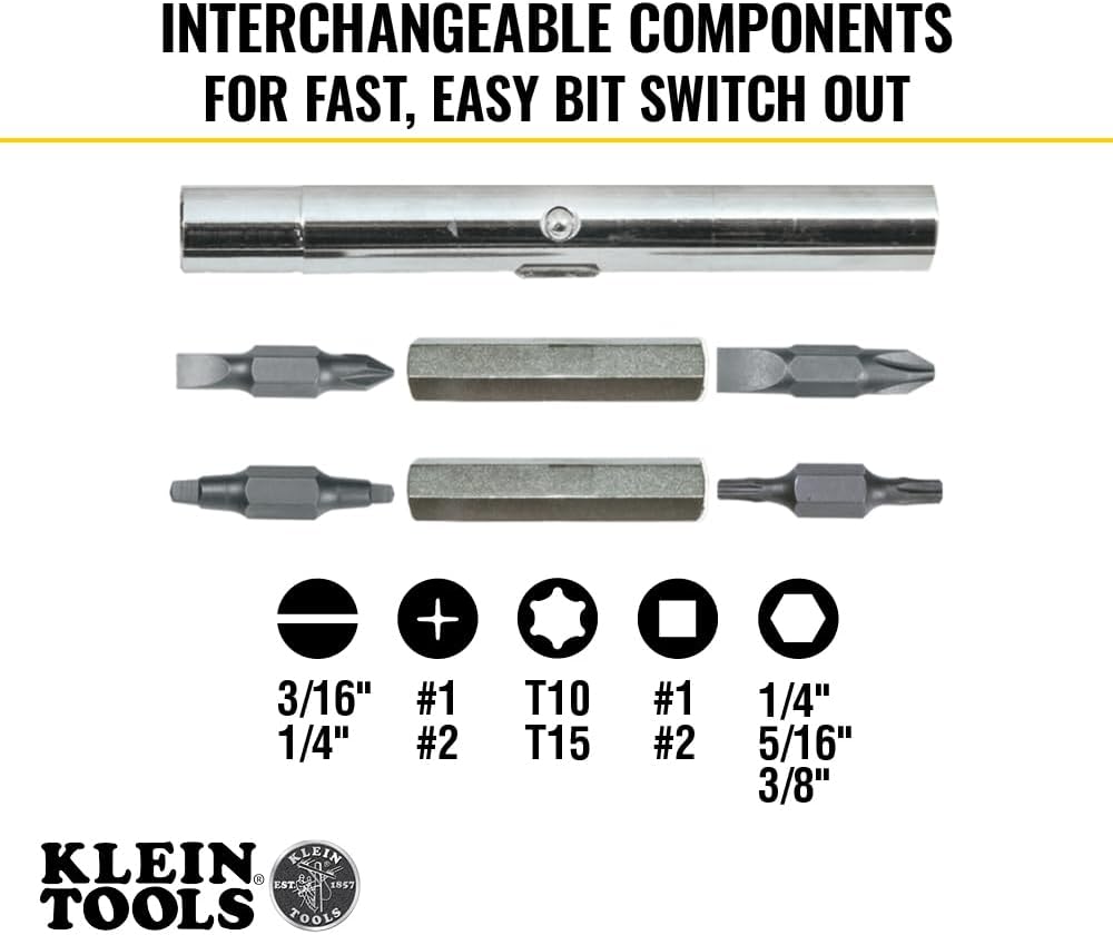 interchangeable bits covering #1/#2 phillips, 1/4" and 3/16" slotted, t10/t15 torx, and #1/#2 square recess