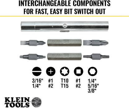 interchangeable bits covering #1/#2 phillips, 1/4" and 3/16" slotted, t10/t15 torx, and #1/#2 square recess
