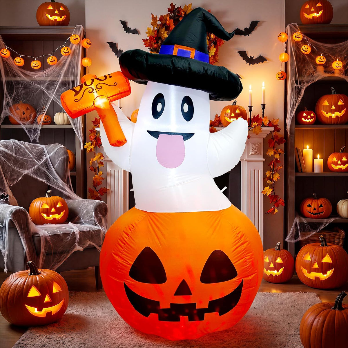 JOYIN 5 FT Glow-in-the-Dark Inflatable Pumpkin Ghost for Kids' Halloween Night Yard and Play Area Setup