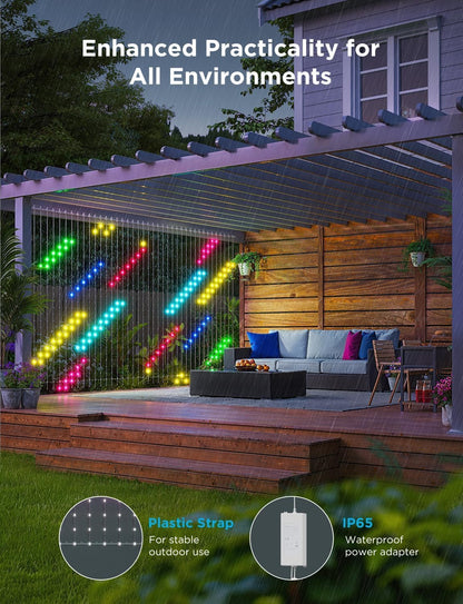 ip65-rated light curtain with 12 hooks, 22 plastic straps, a control box, and a power adapter; the adapter should be protected in an electrical box for outdoor use