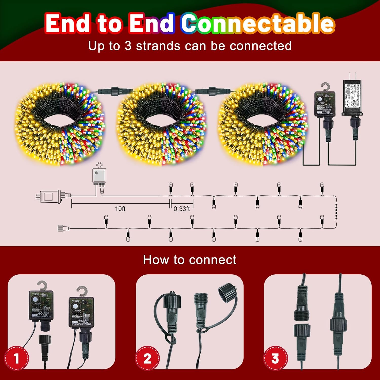 ip65 waterproof string with end-to-end connectability for up to 3 strands